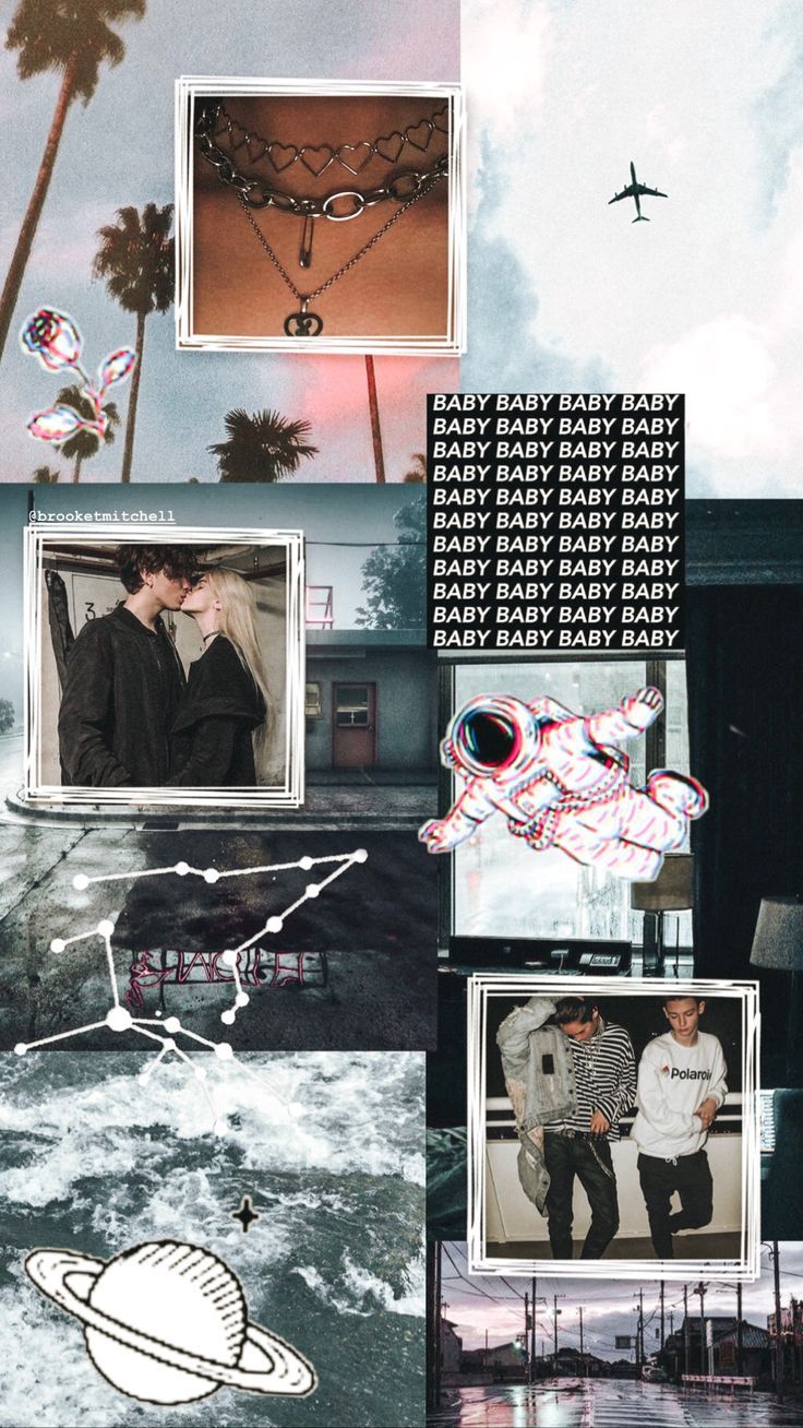 Collage, Schwarz-Weiß, Pärchen, Palmen, Rosa Akzente, Moodboard, Hintergrundbild fürs Handy