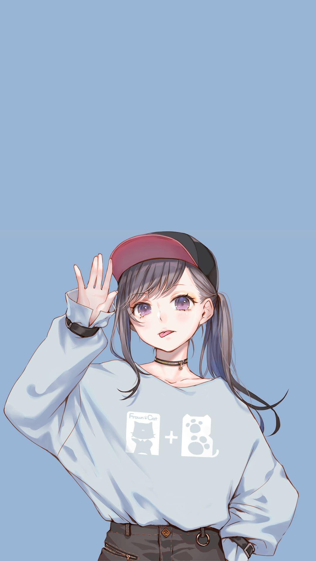 Anime-Stil, Mädchen, Pullover, Winken, Graublau, Hintergrundbild für iPhone und Android