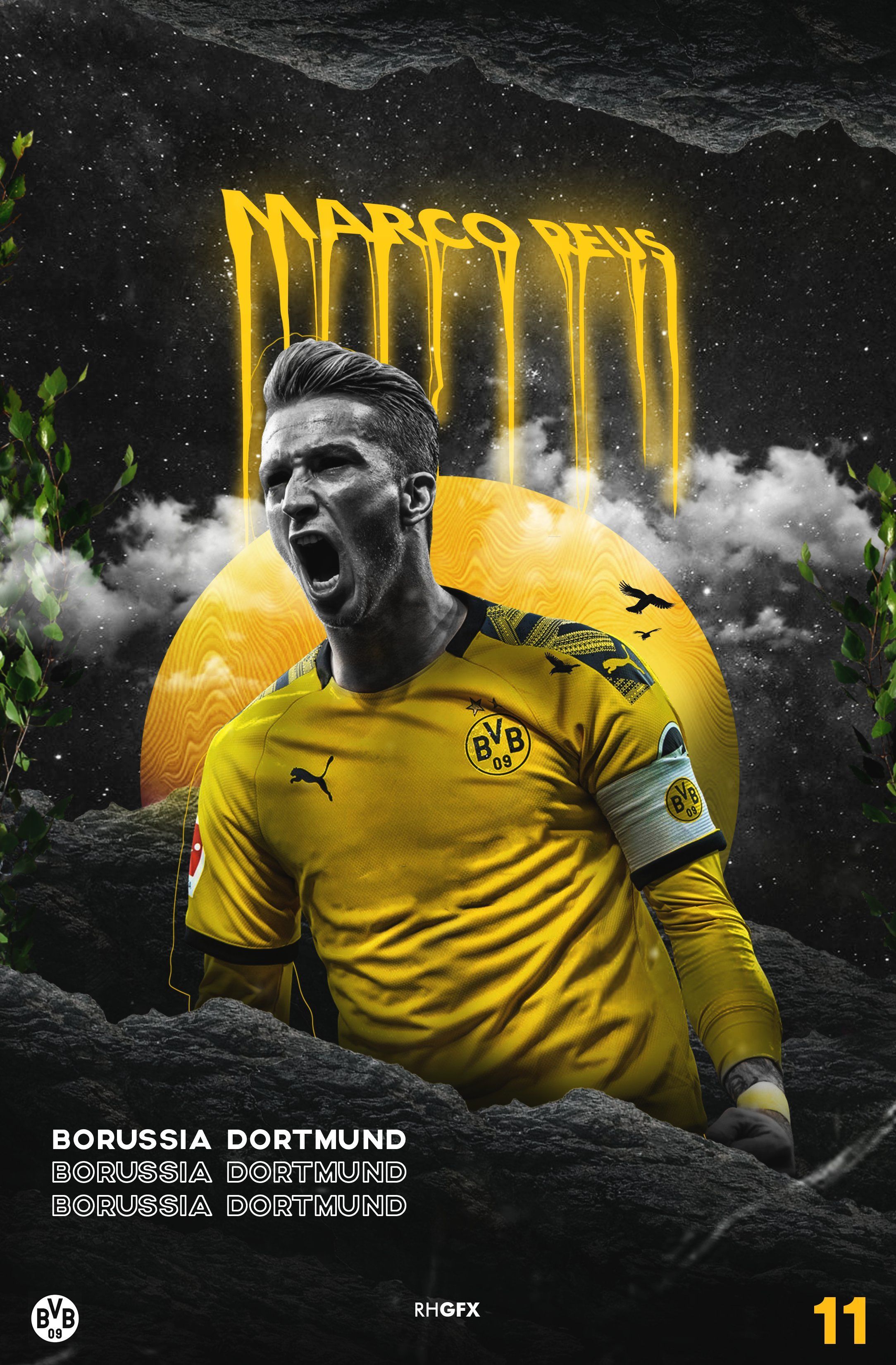 Marco Reus, Borussia Dortmund, Fußballspieler, Grafikdesign, Rauch, QHD+, Handy-Hintergrund