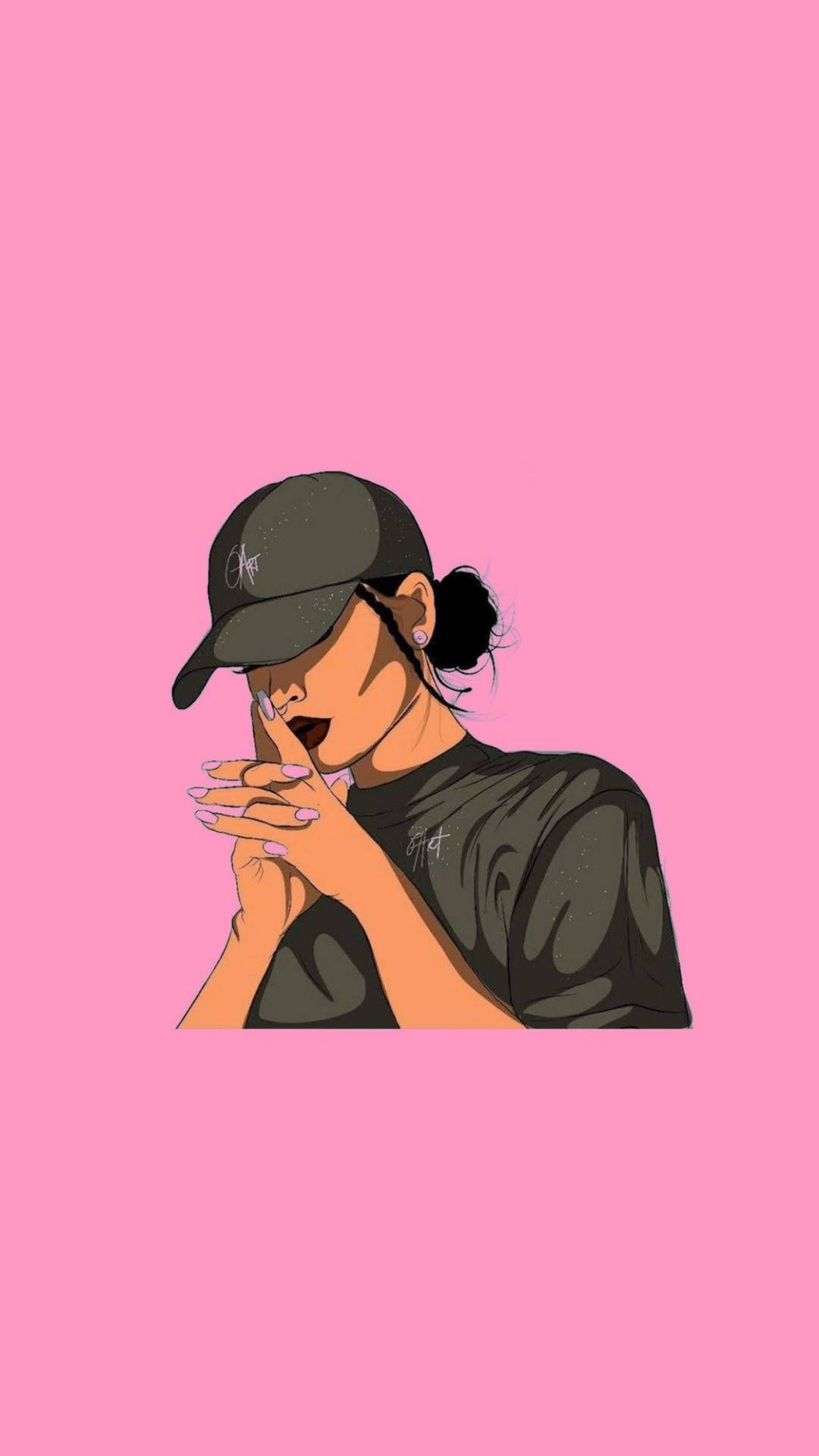 Illustration, Basecap, Rosa Hintergrund, Minimalismus, Junge Frau, Sperrbildschirm fürs iPhone