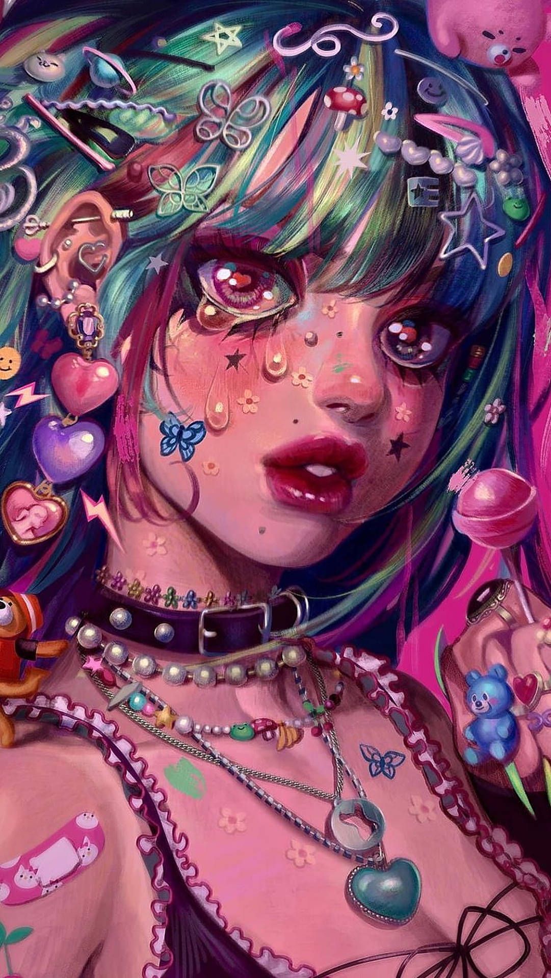 Digitale Kunst, Mädchen, Bunte Haare, Schmuck, Fantasy-Porträt, Full HD, iPhone-Hintergrundbild