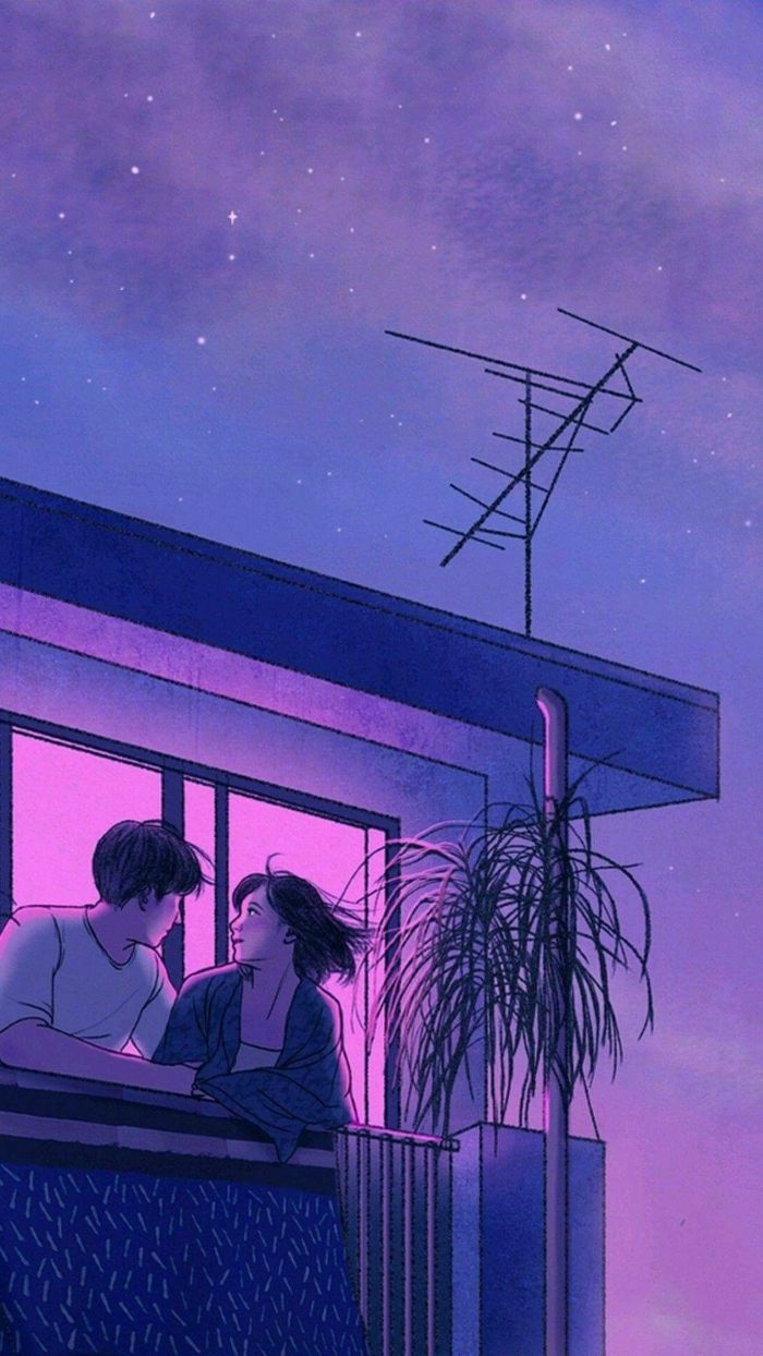 Illustration, Pärchen, Balkon, Antenne, Lila Nacht, Lo-Fi, Android-Hintergrundbild