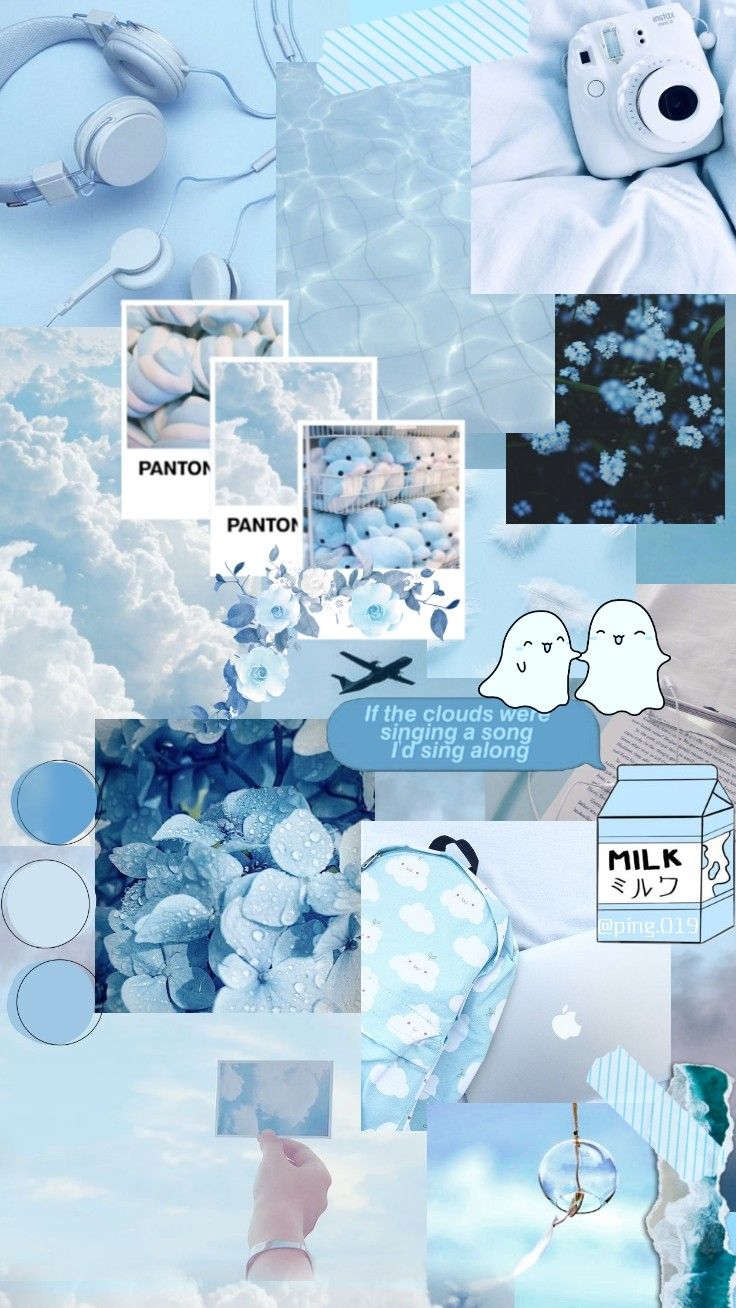 Collage, Hellblaue Ästhetik, Kamera, Wolken, Moodboard, HD, Handy-Hintergrund im Hochformat