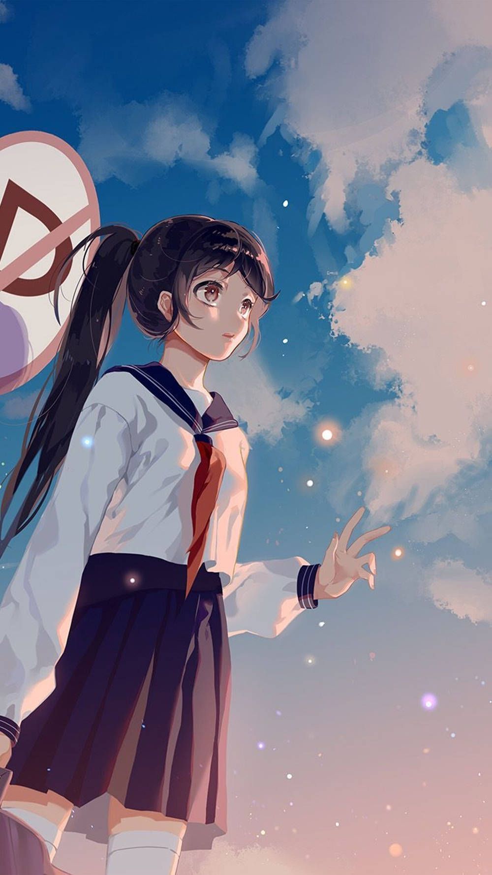 Anime-Stil, Schuluniform, Pferdeschwanz, Himmel, Wolken, HD, Handy-Hintergrundbild
