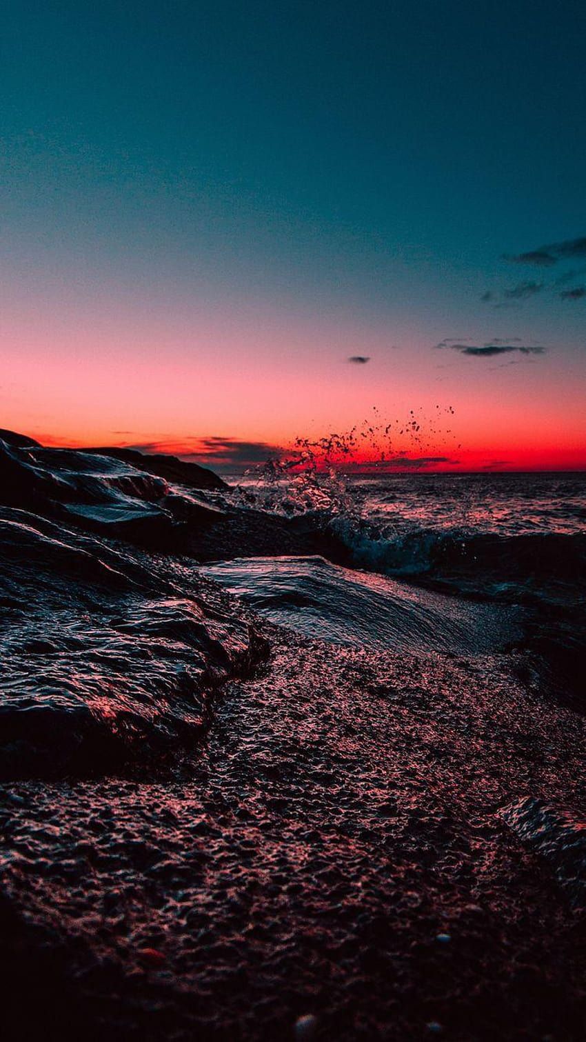 Sonnenuntergang, Felsenküste, Dämmerung, Rotes Licht, Meer, HD, iPhone-Hintergrundbild