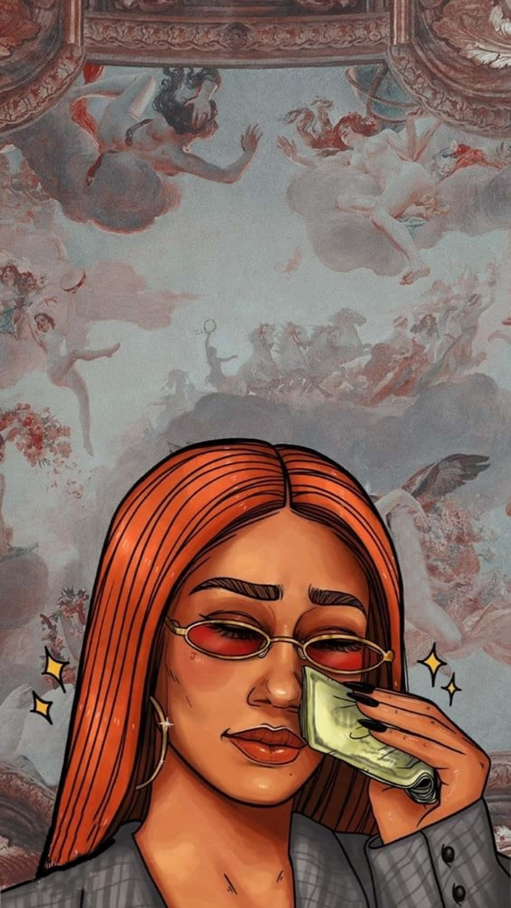 Illustration, Rothaarige Frau, Sonnenbrille, Geld, Tränen, Engel, Hintergrundbild fürs Handy