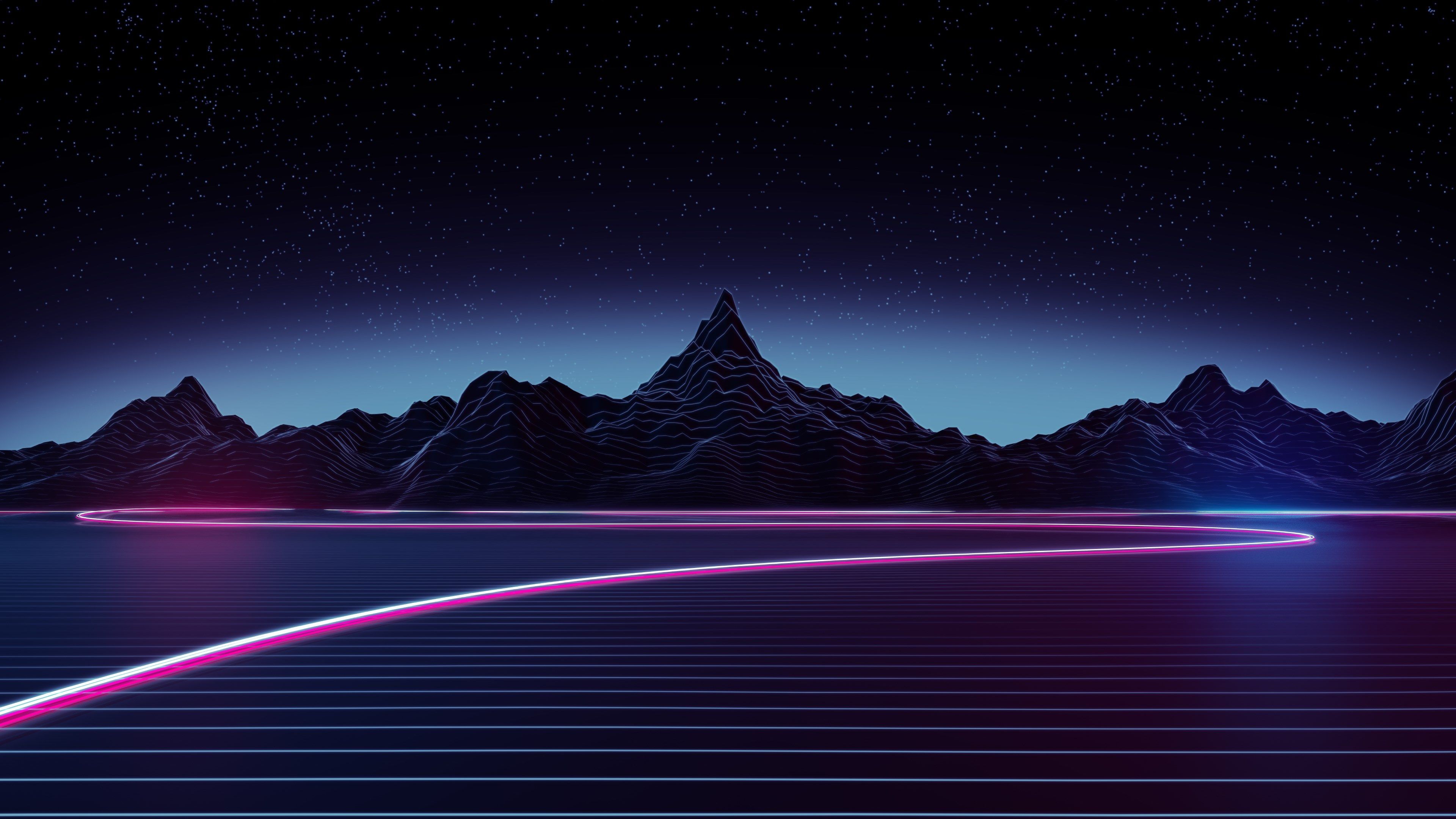 Berge, Straße, Synthwave, Retrowave, Nacht, 3840x2160, 4K-Hintergrundbild für PC