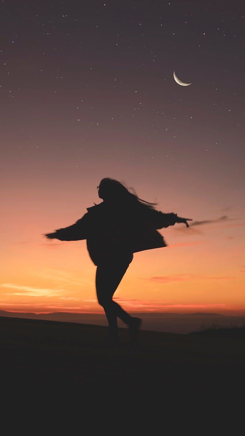 Silhouette, Tanzendes Mädchen, Sonnenuntergang, Mondsichel, Dämmerung, HD, Handy-Hintergrund