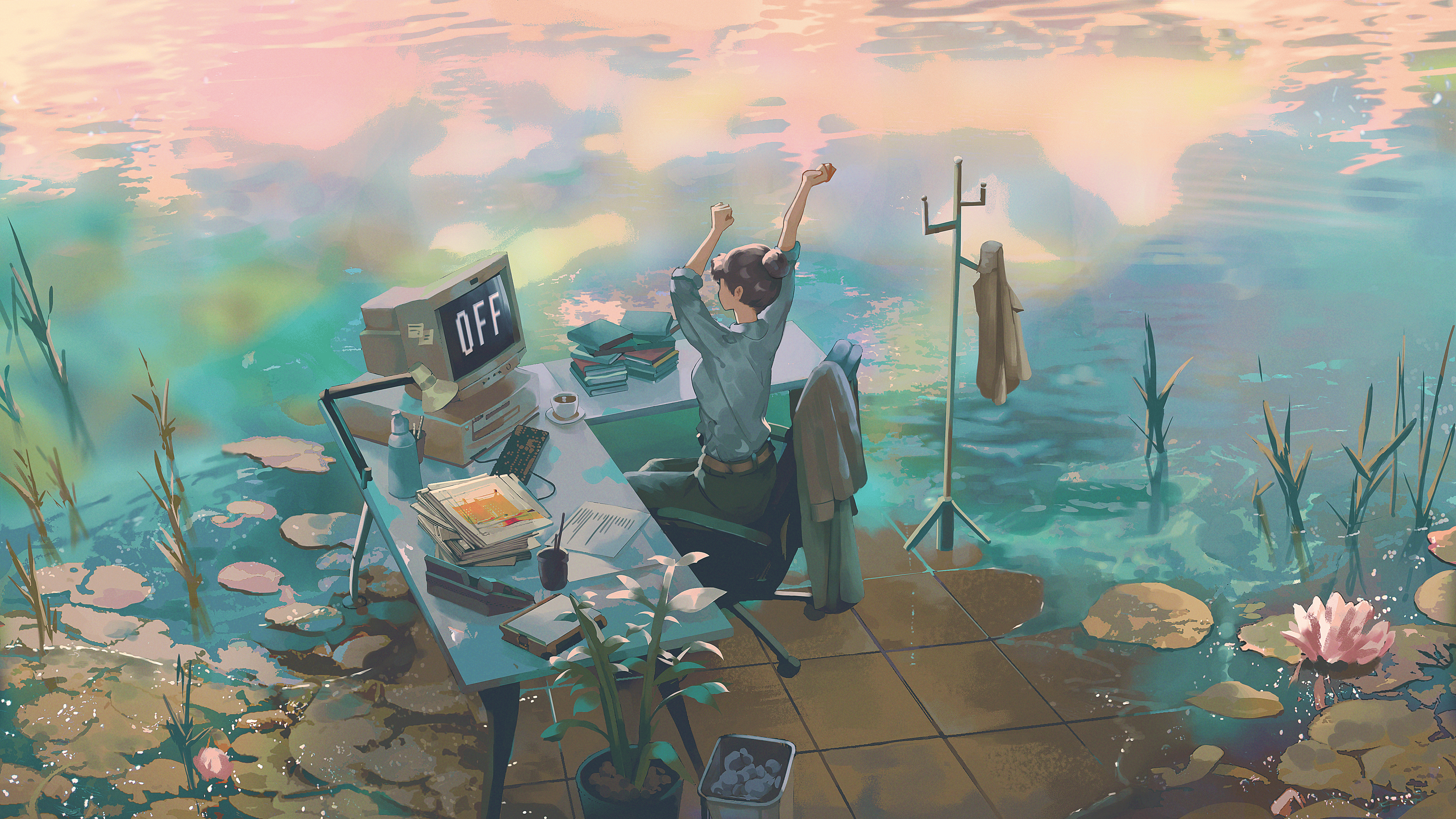 Illustration, Junge, Schreibtisch, Seerosen, Wasser, Surreal, Pastellfarben, 5K-PC-Hintergrundbild
