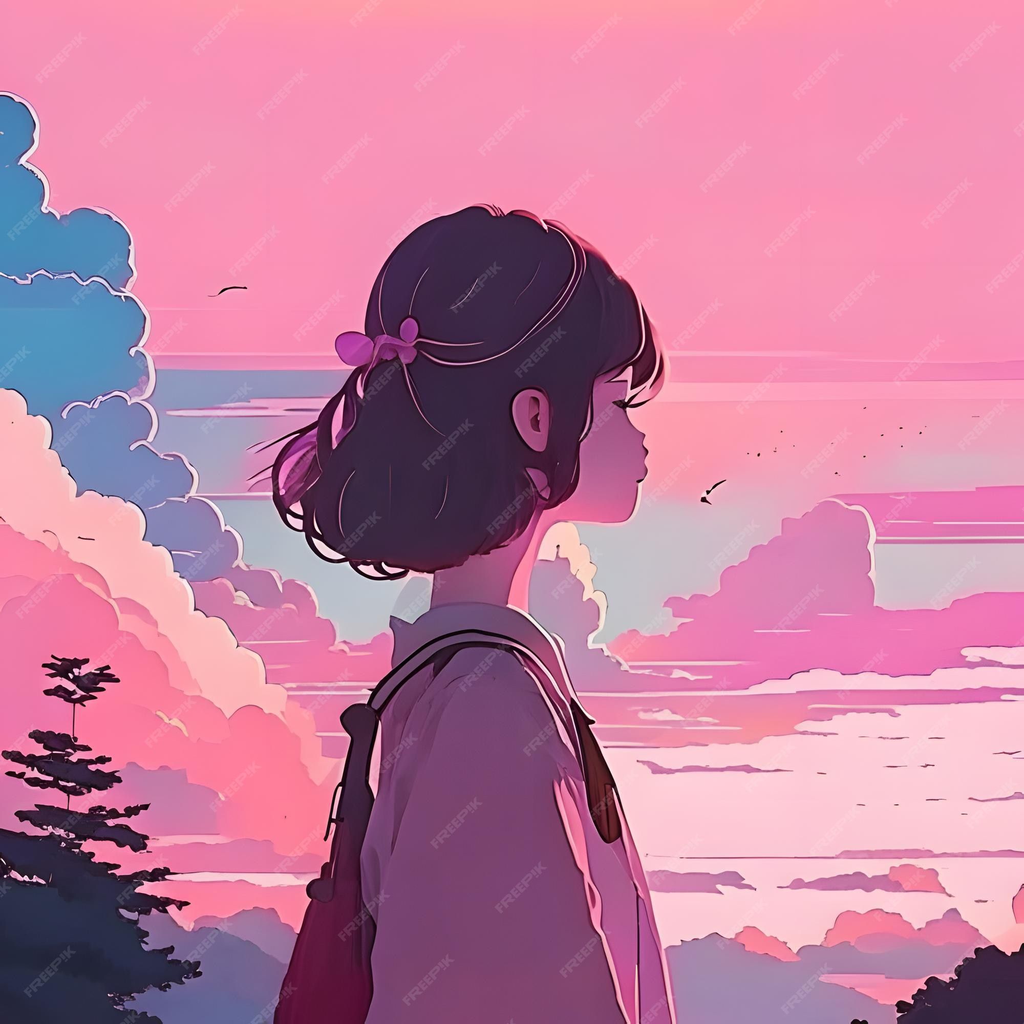 Anime-Stil, Mädchen, Profil, Rosa Himmel, Wolken, Lo-Fi, Full HD, iPad-Hintergrundbild