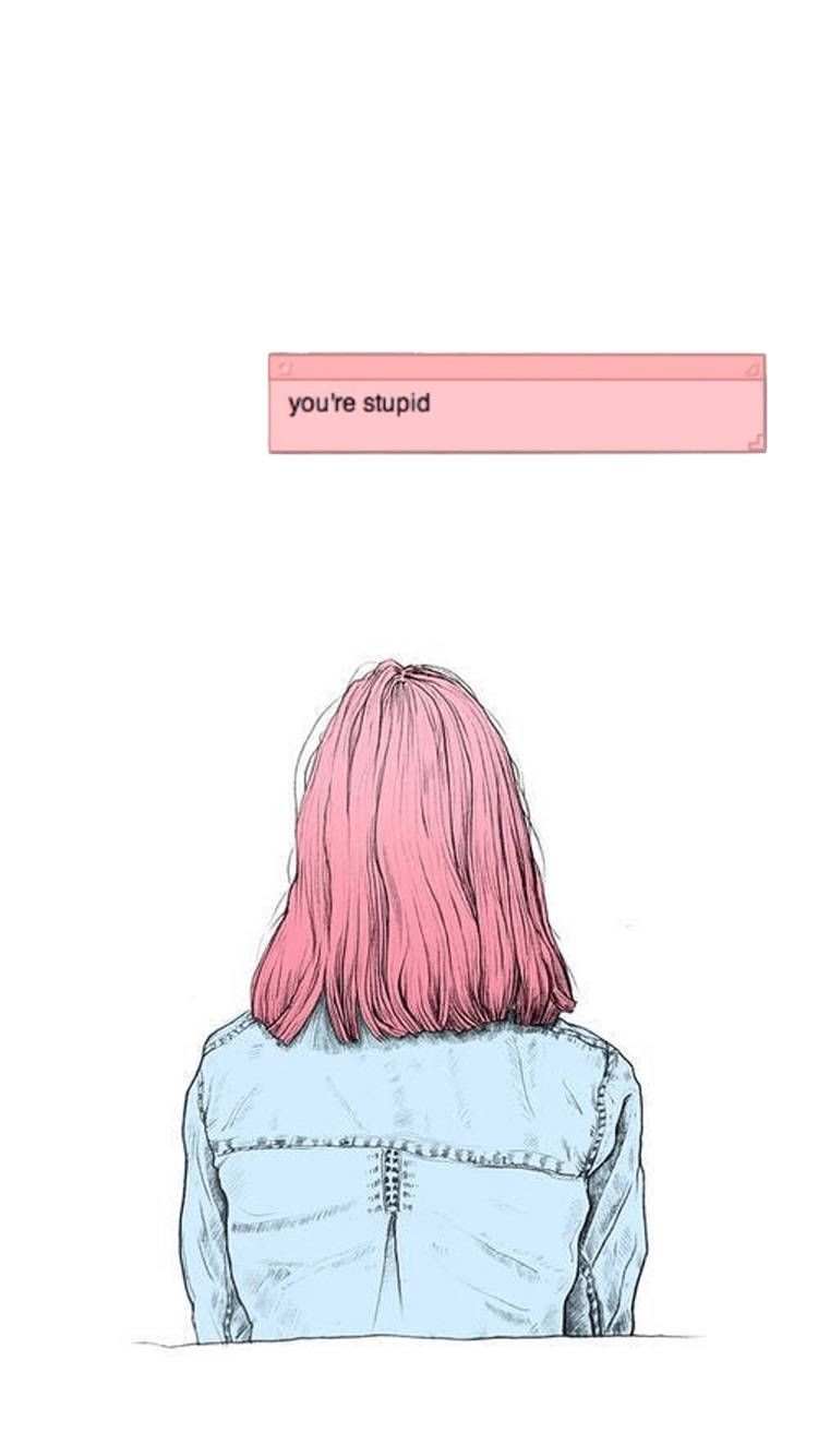 Illustration, Rosa Haare, Rückenansicht, Jeansjacke, Minimalismus, Weißer Hintergrund, Sperrbildschirm