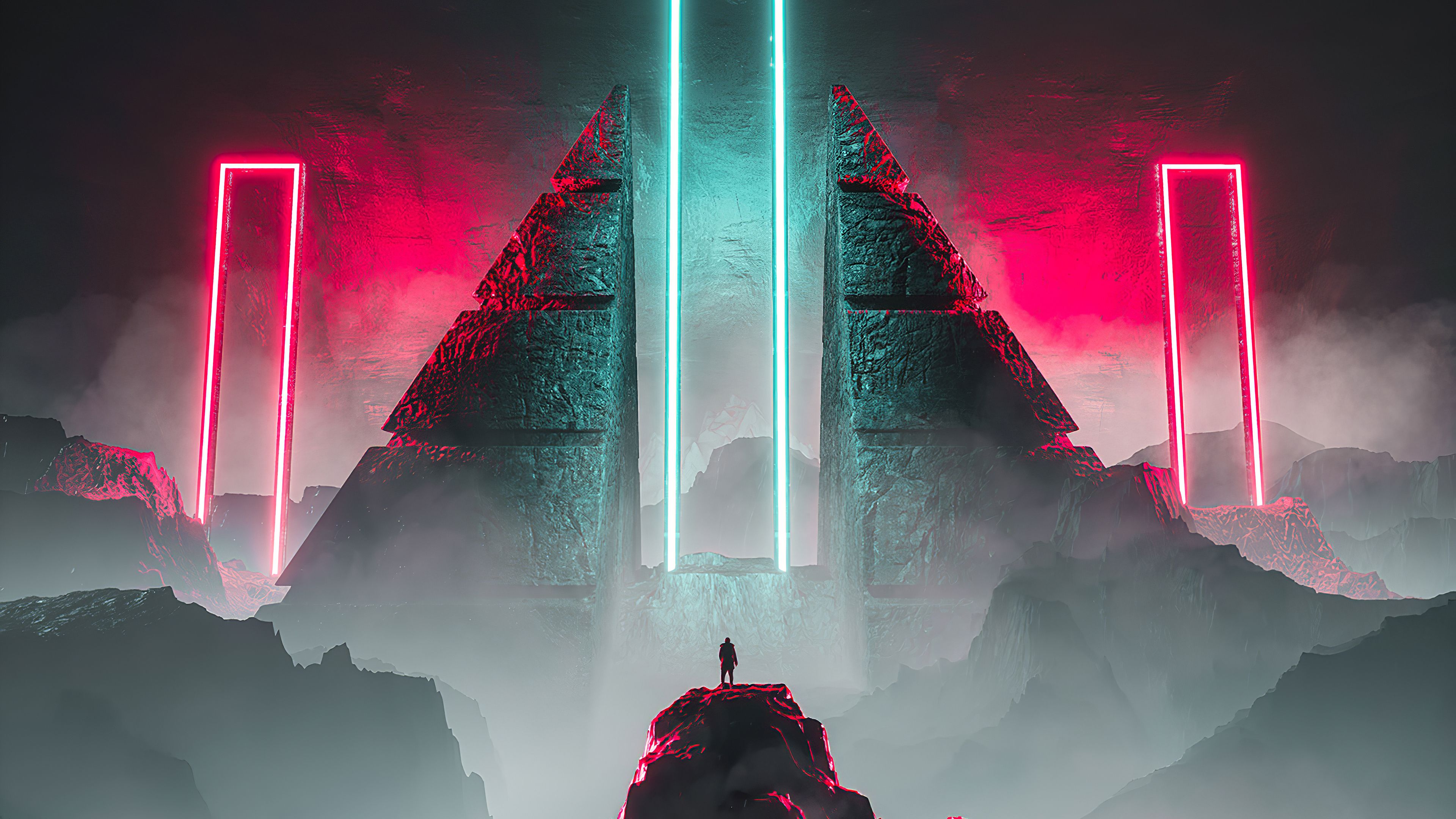 Pyramide, Neonportal, Nebel, Rot, Türkis, Sci-Fi, 4K, Hintergrundbild für den PC