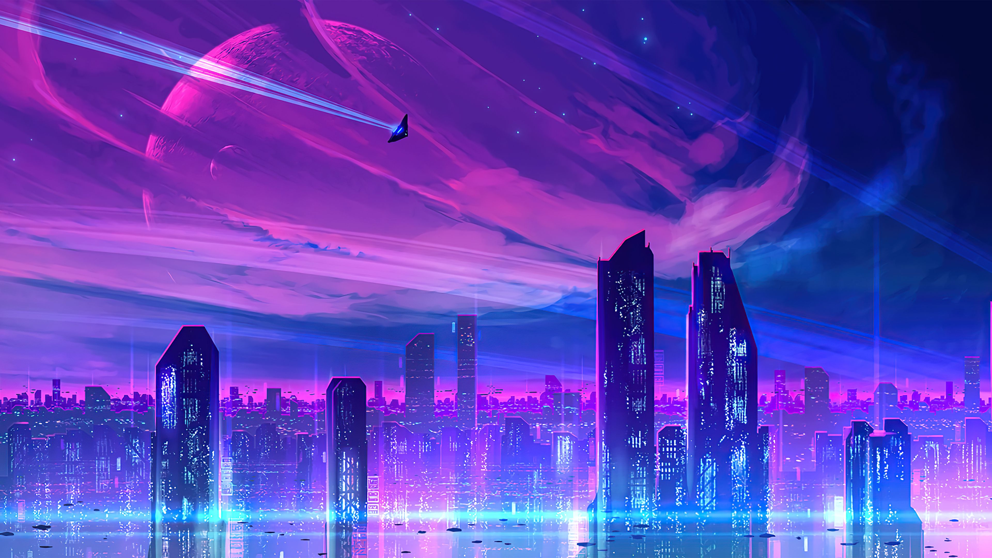 Futuristische Stadt, Planet, Wolkenkratzer, Lila, Sci-Fi, 4K-Hintergrundbild für PC