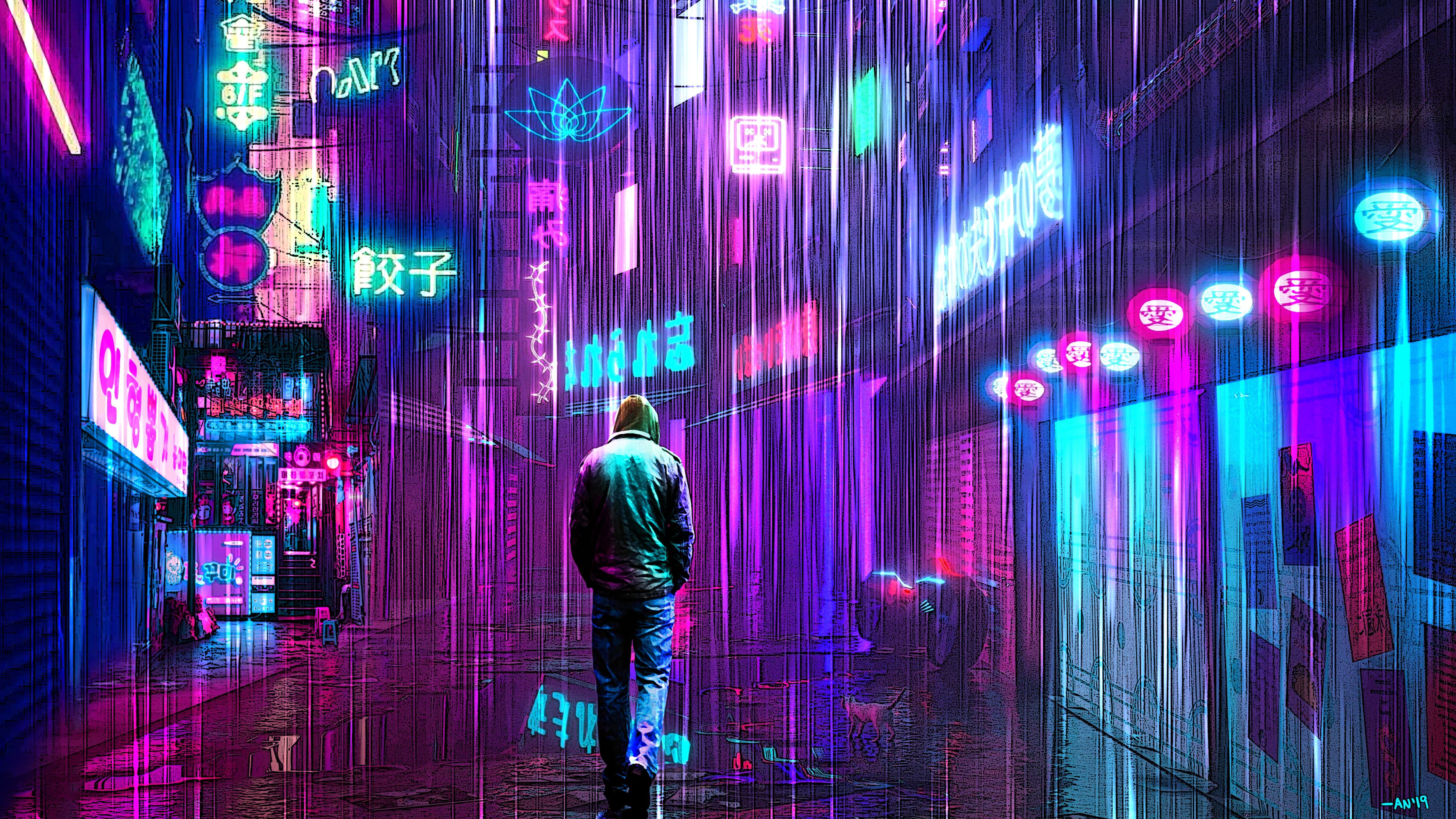 Gasse, Regen, Leuchtreklamen, Cyberpunk, Nacht, Person, 5K, Hintergrundbild für den PC