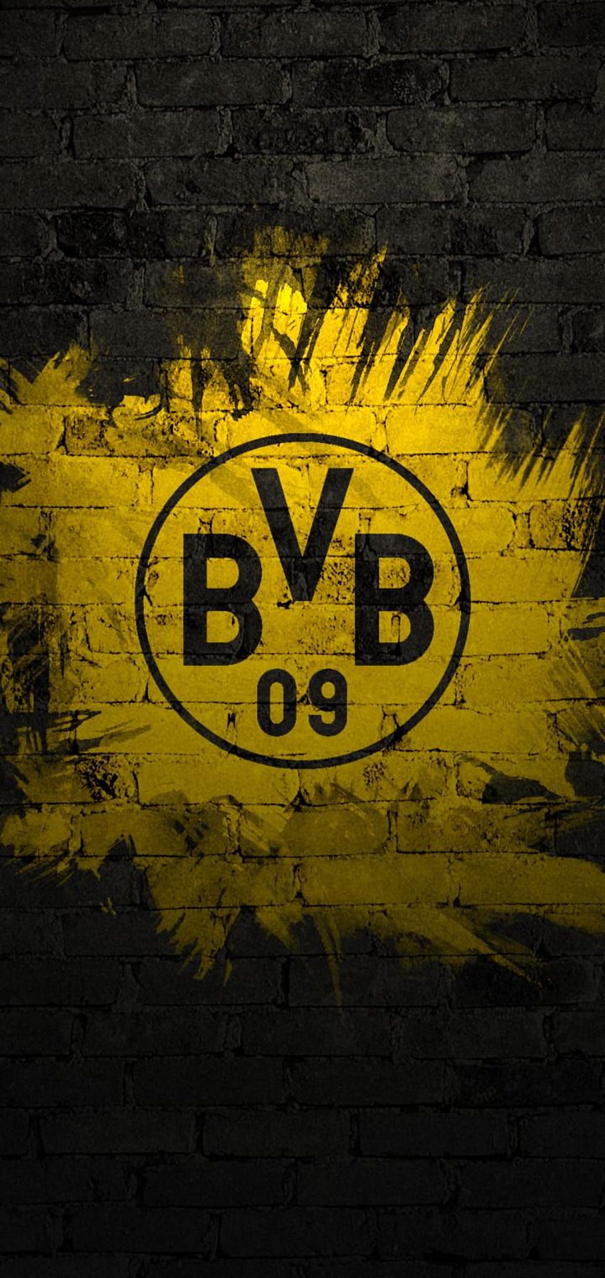 BVB-Logo, Borussia Dortmund, Gelbe Farbspritzer, Dunkler Hintergrund, Sperrbildschirm fürs iPhone