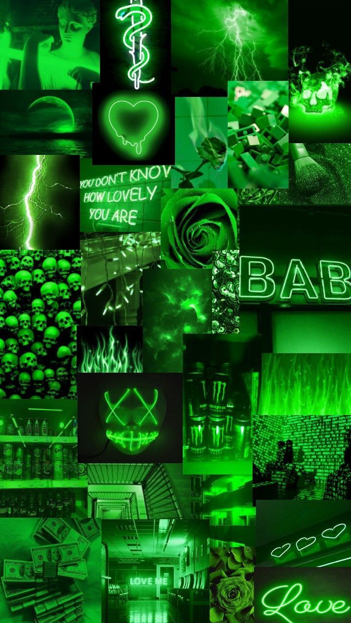 Collage, Neongrün, Ästhetik, Grün, Dunkel, iPhone 17e, Handy-Hintergrund