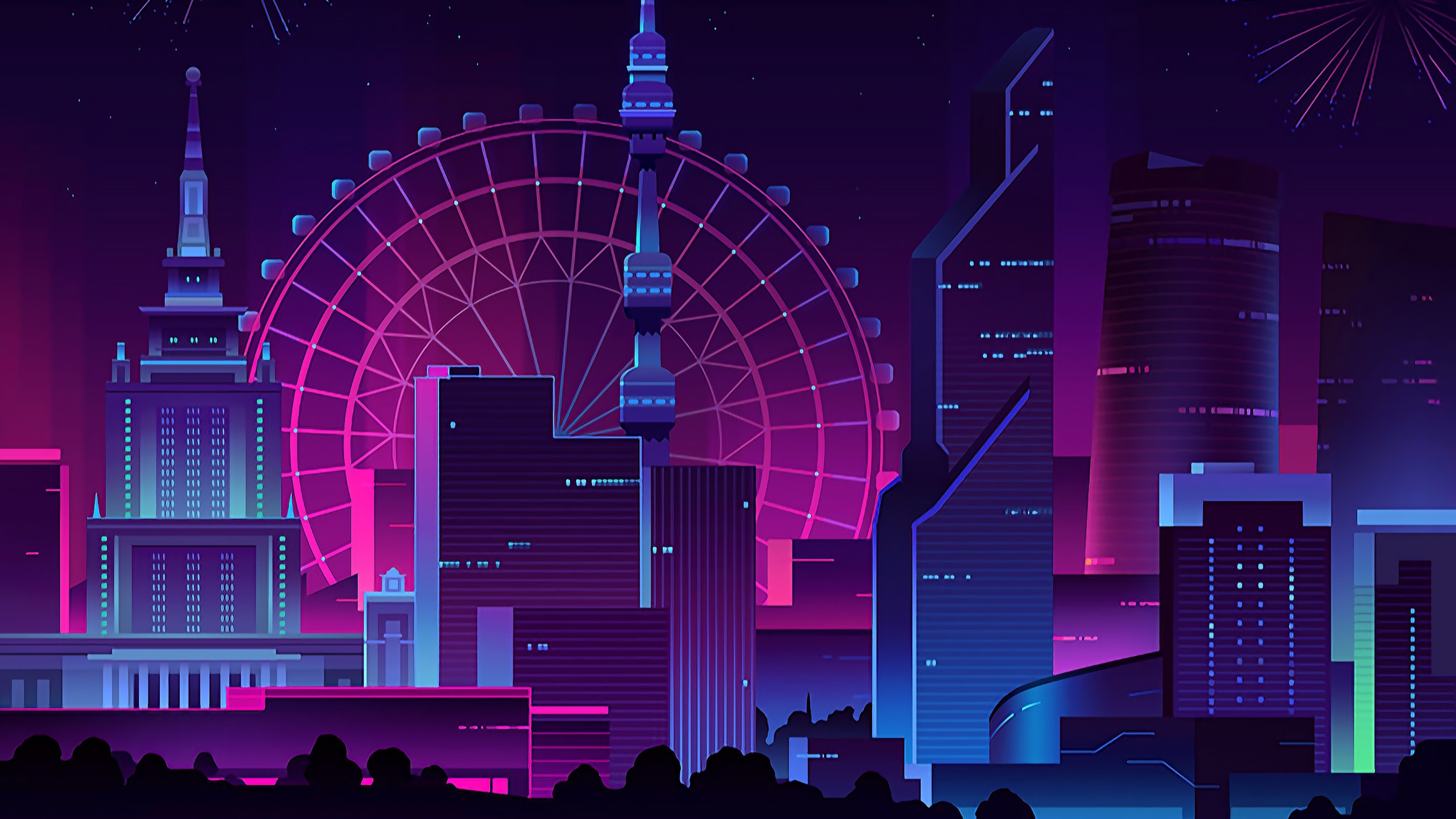 Skyline, Riesenrad, Wolkenkratzer, Lila, Pink, Illustration, 7680x4320, Desktop-Hintergrund
