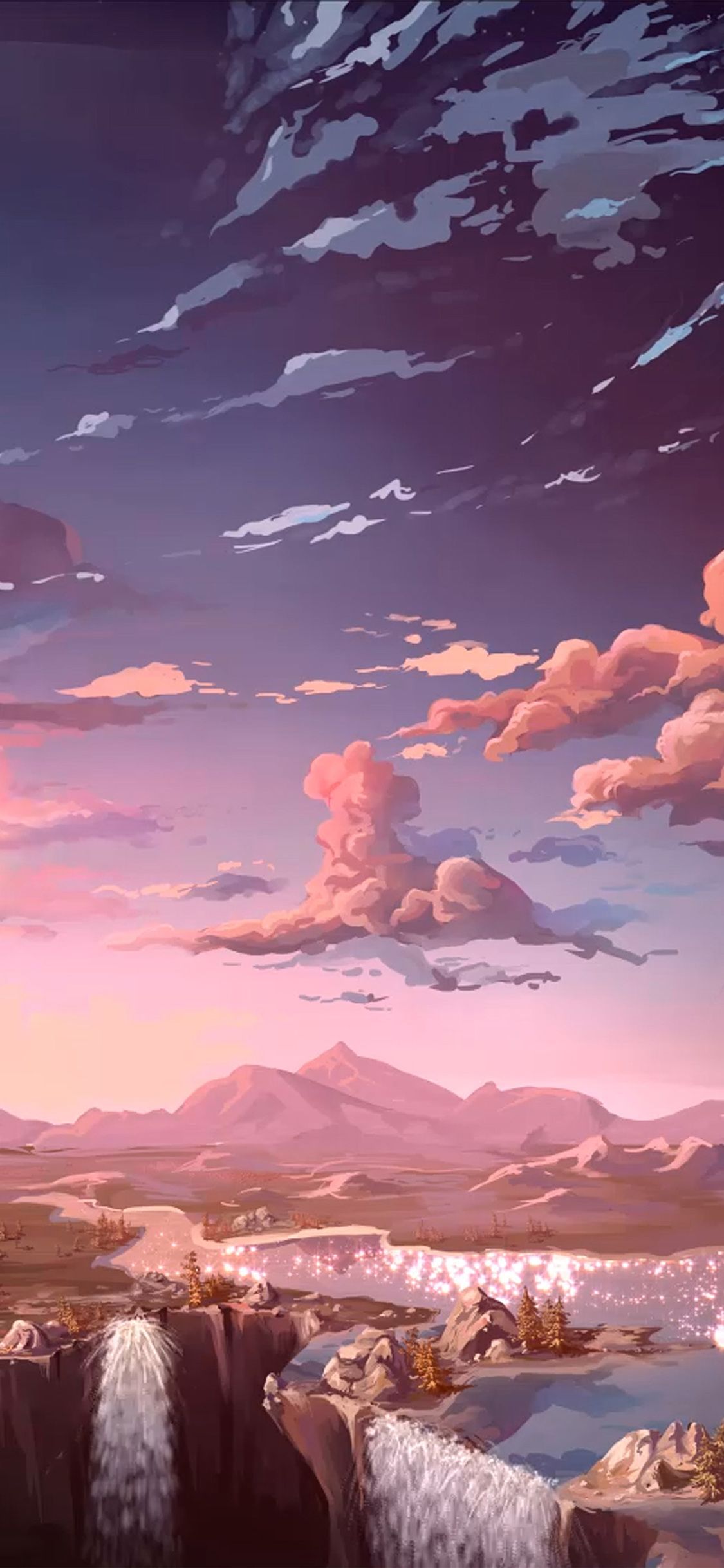 Anime-Landschaft, Wasserfall, Wolken, Abendhimmel, Fantasy, Sperrbildschirm fürs iPhone 17e