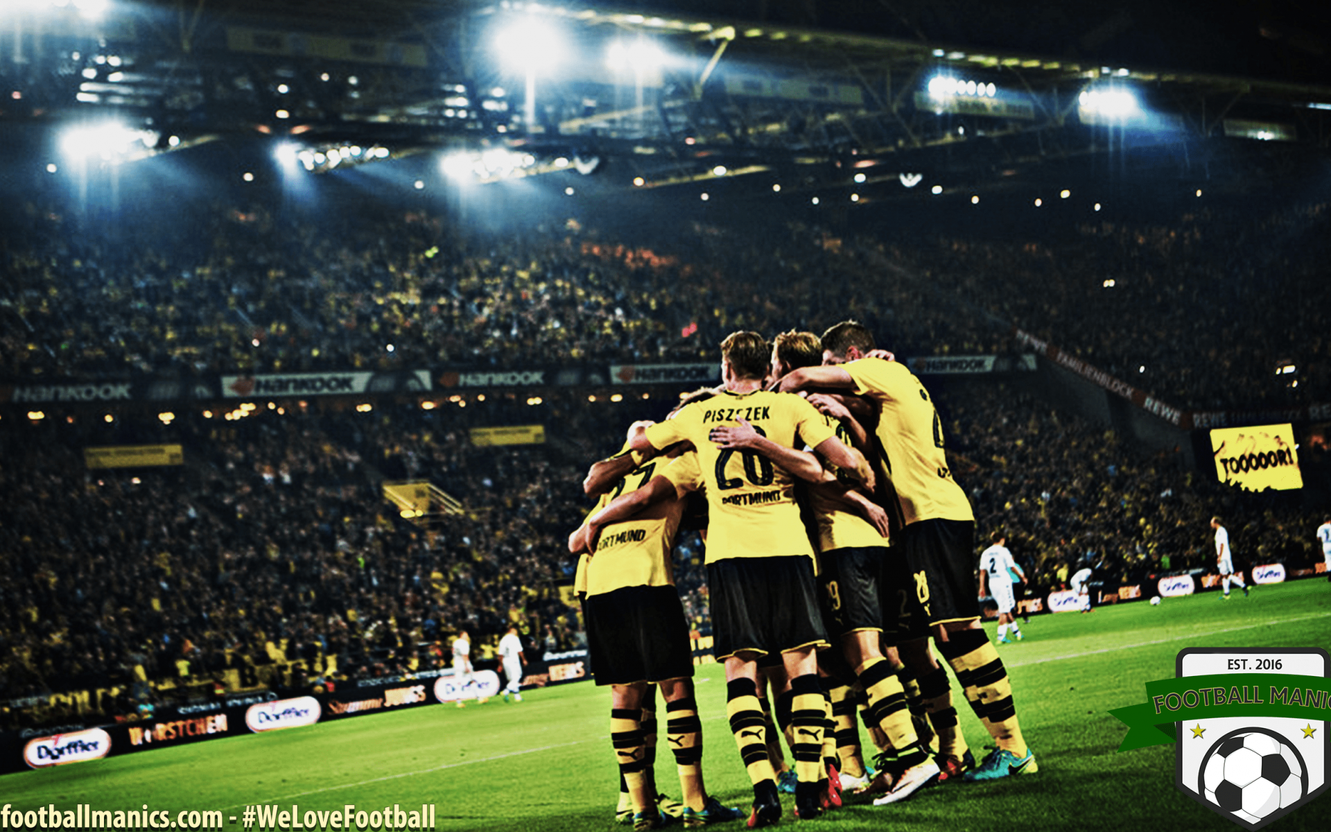 Borussia Dortmund, Mannschaft, Torjubel, Signal Iduna Park, Flutlicht, Full HD, Desktop-Hintergrund