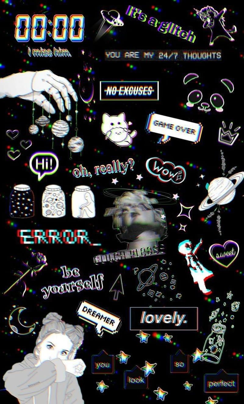 Collage, Sticker, Error, Schwarz, Ästhetik, Doodles, iPhone 17e, Handy-Hintergrund