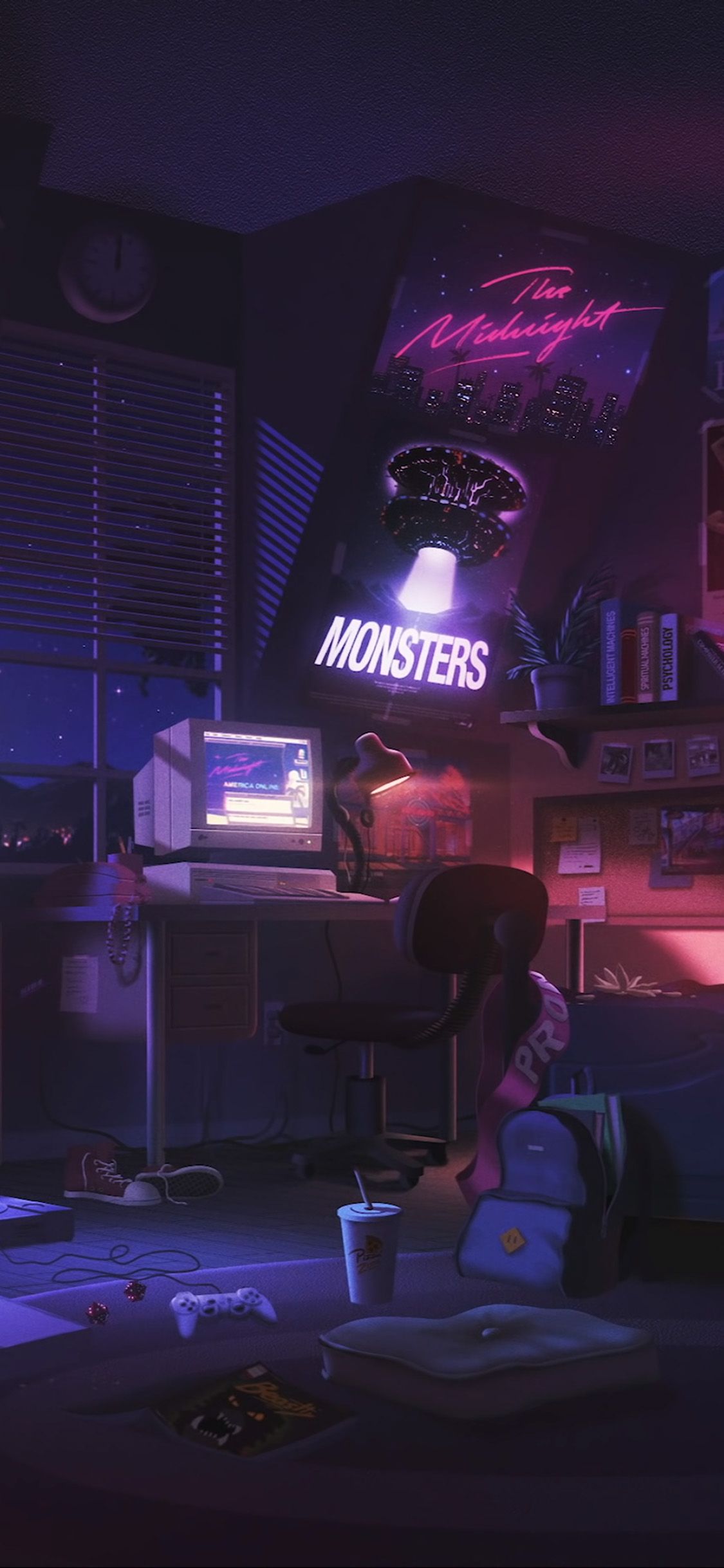Gaming-Zimmer, Neonlicht, Lila, Schreibtisch, Nacht, iPhone-17e-Hintergrundbild