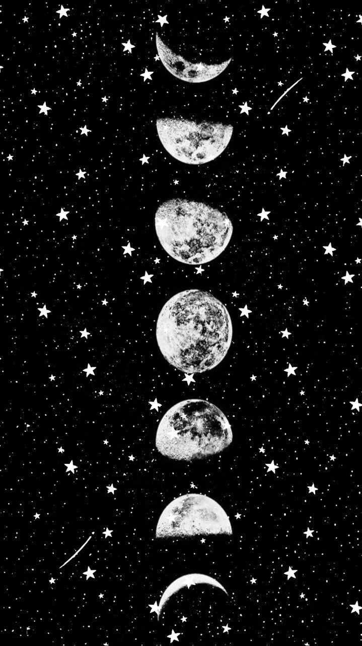 Mondphasen, Mond, Sterne, Schwarz-Weiß, Schwarzer Hintergrund, Sperrbildschirm fürs iPhone