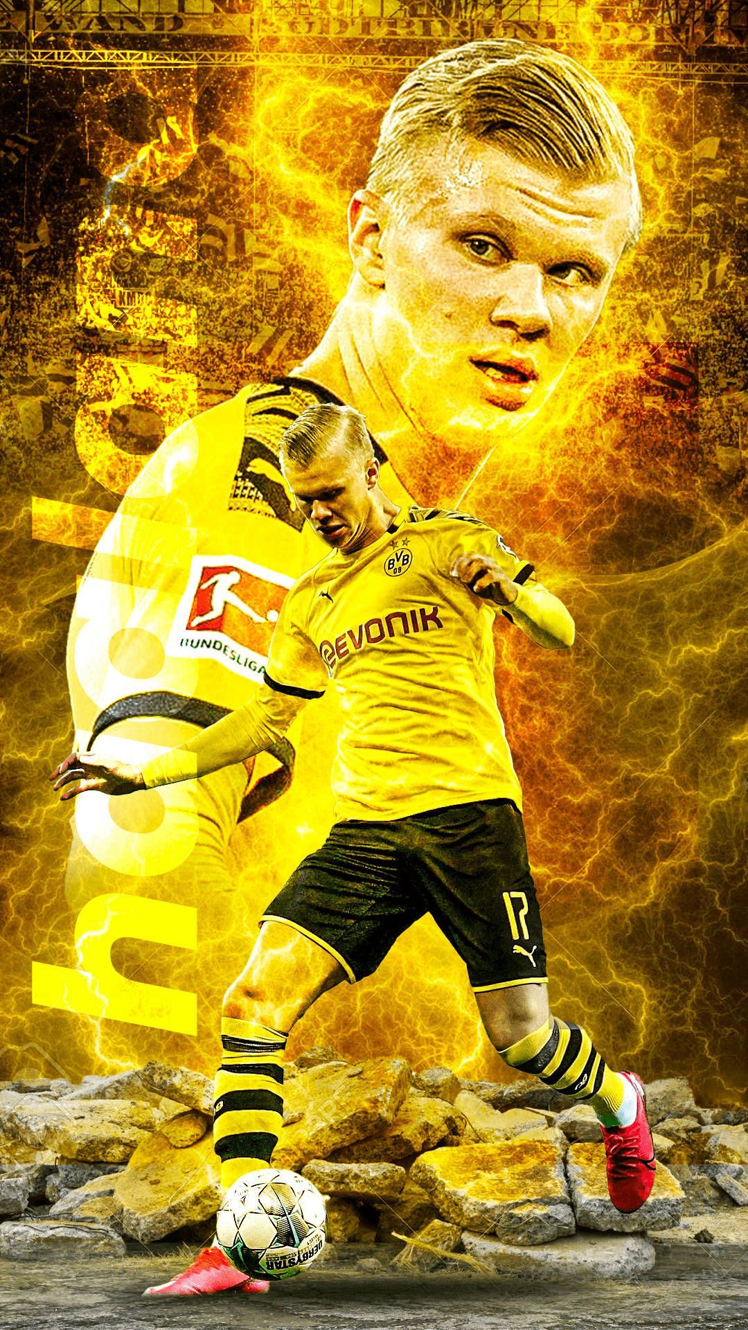 Erling Haaland, Borussia Dortmund, Flammen, Grafikdesign, Fußballer, Full HD, Handy-Hintergrundbild