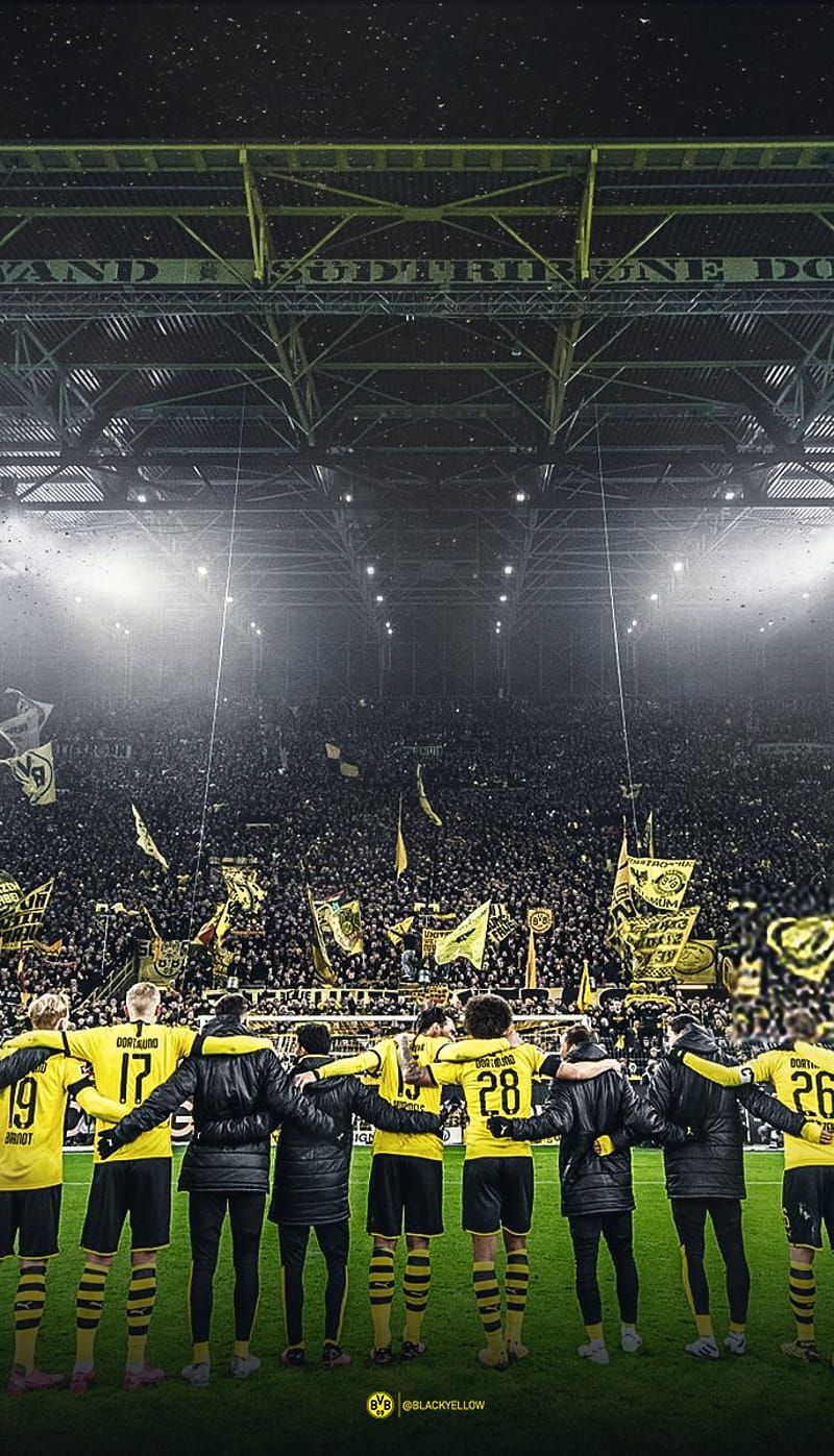 Borussia Dortmund, Mannschaft, Südtribüne, Fans, Flutlicht, HD, Handy-Hintergrund