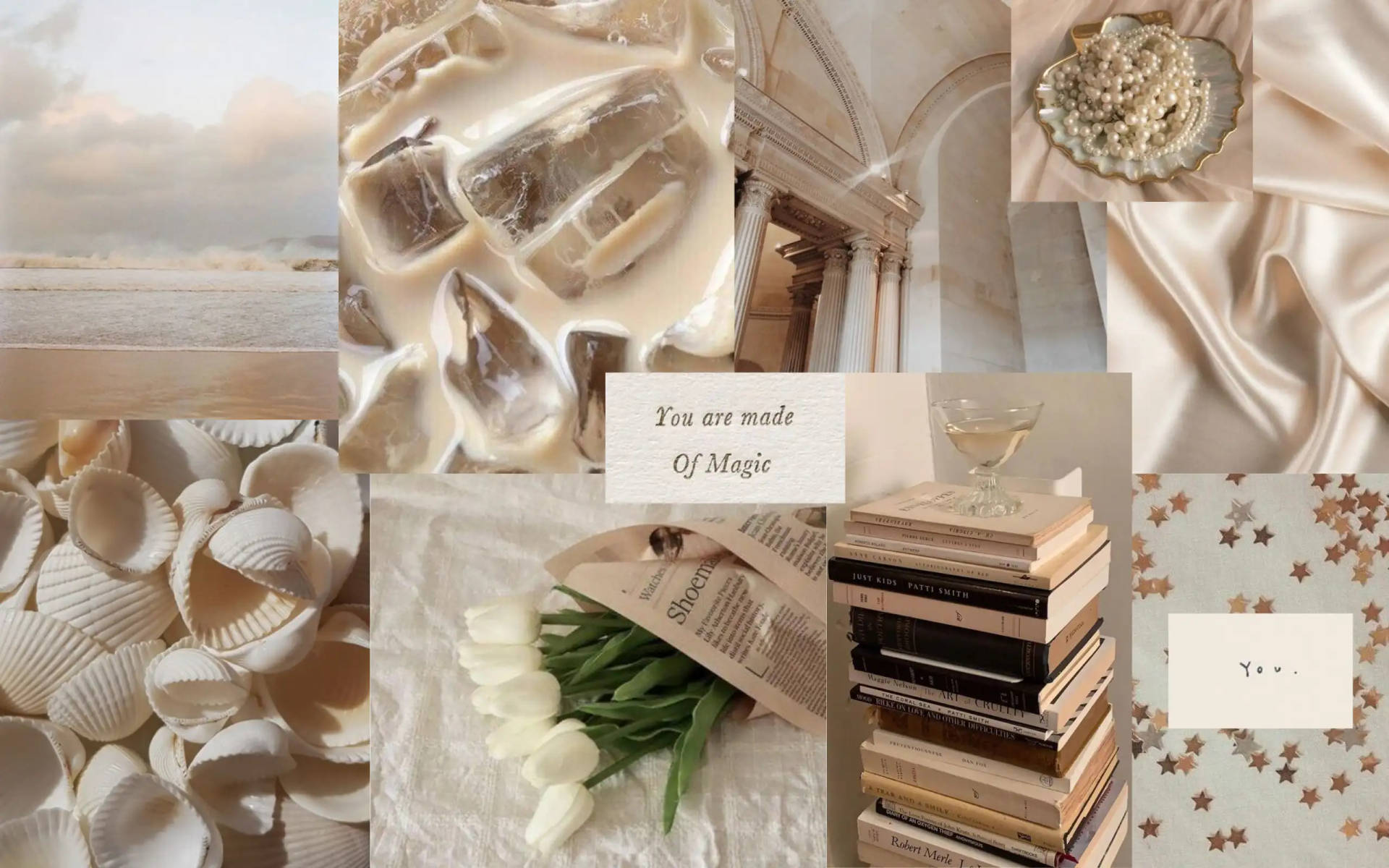 Collage, Beige Ästhetik, Muscheln, Seide, Tulpen, Bücher, Full HD, MacBook-Hintergrundbild