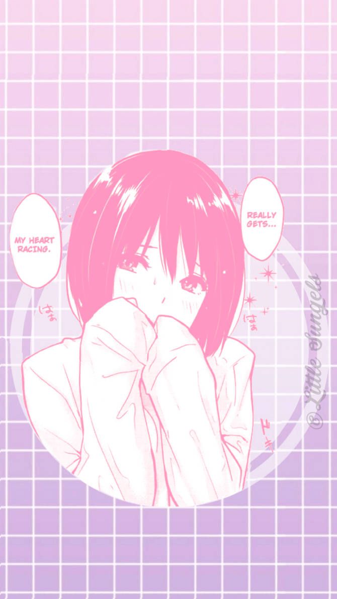 Anime-Mädchen, Rosa Haare, Lila, Gitter, Pastell, Hochformat, Hintergrundbild fürs Smartphone