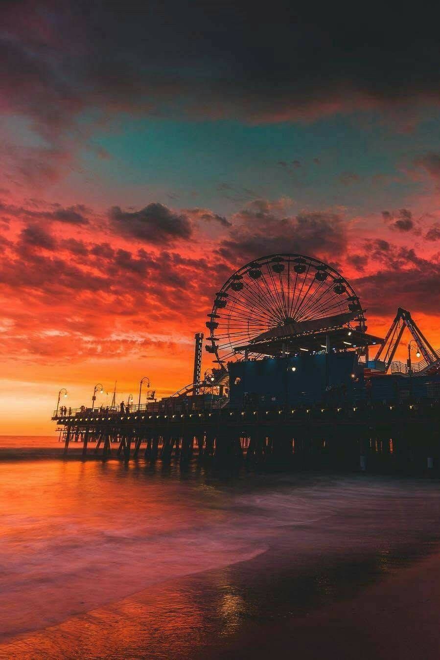 Santa Monica Pier, Riesenrad, Sonnenuntergang, Rote Wolken, Kalifornien, HD, Handy-Hintergrundbild