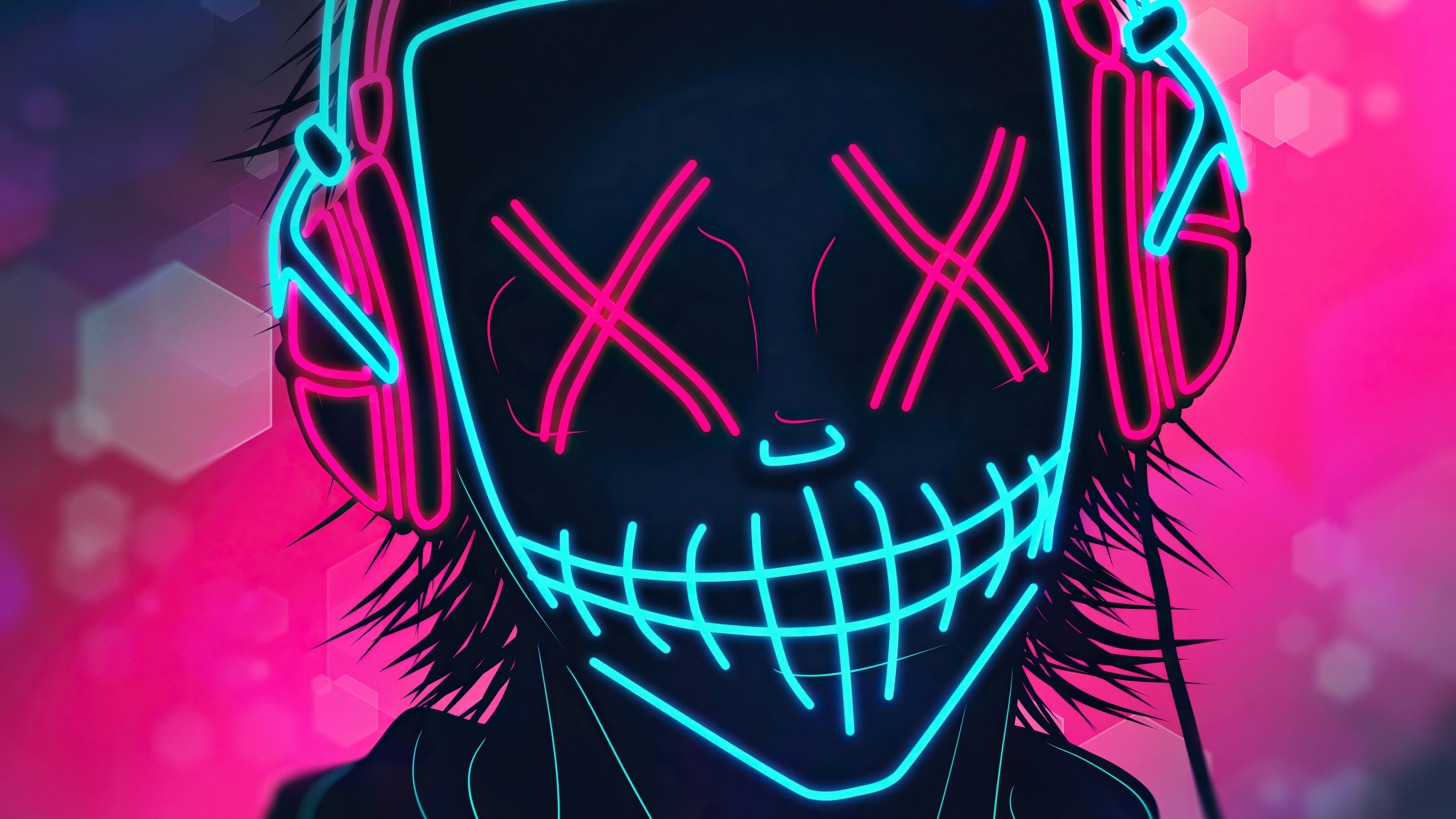 LED-Maske, Kopfhörer, Pink, Türkis, Illustration, 3840x2160, 4K-Hintergrundbild für PC
