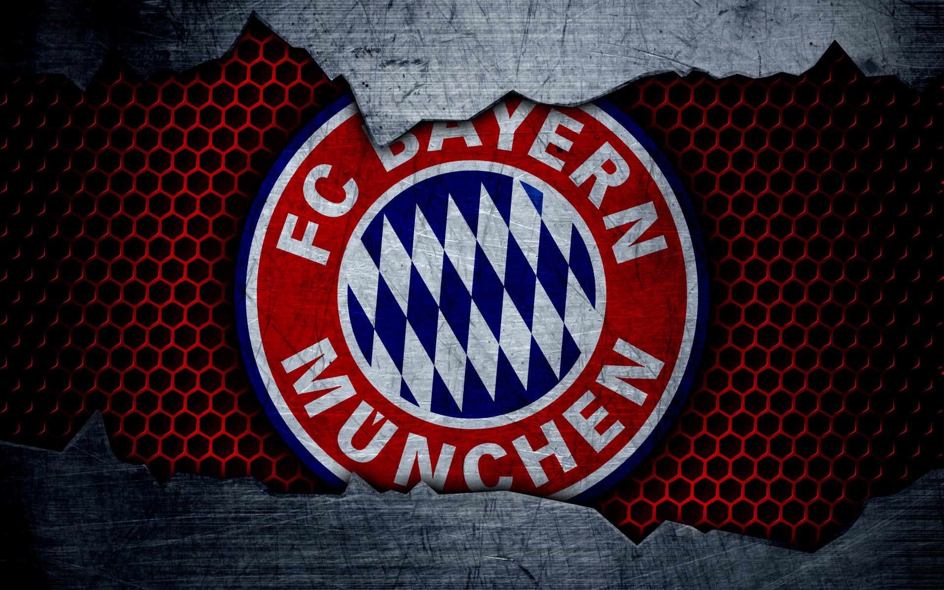 FC Bayern München, Wappen, Wabenmuster, Aufgerissenes Metall, Full-HD-Hintergrundbild für PC