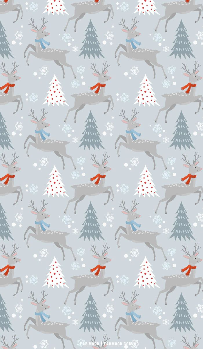 Muster, Rentiere, Weihnachtsbäume, Illustration, Hellblauer Hintergrund, Sperrbildschirm fürs iPhone