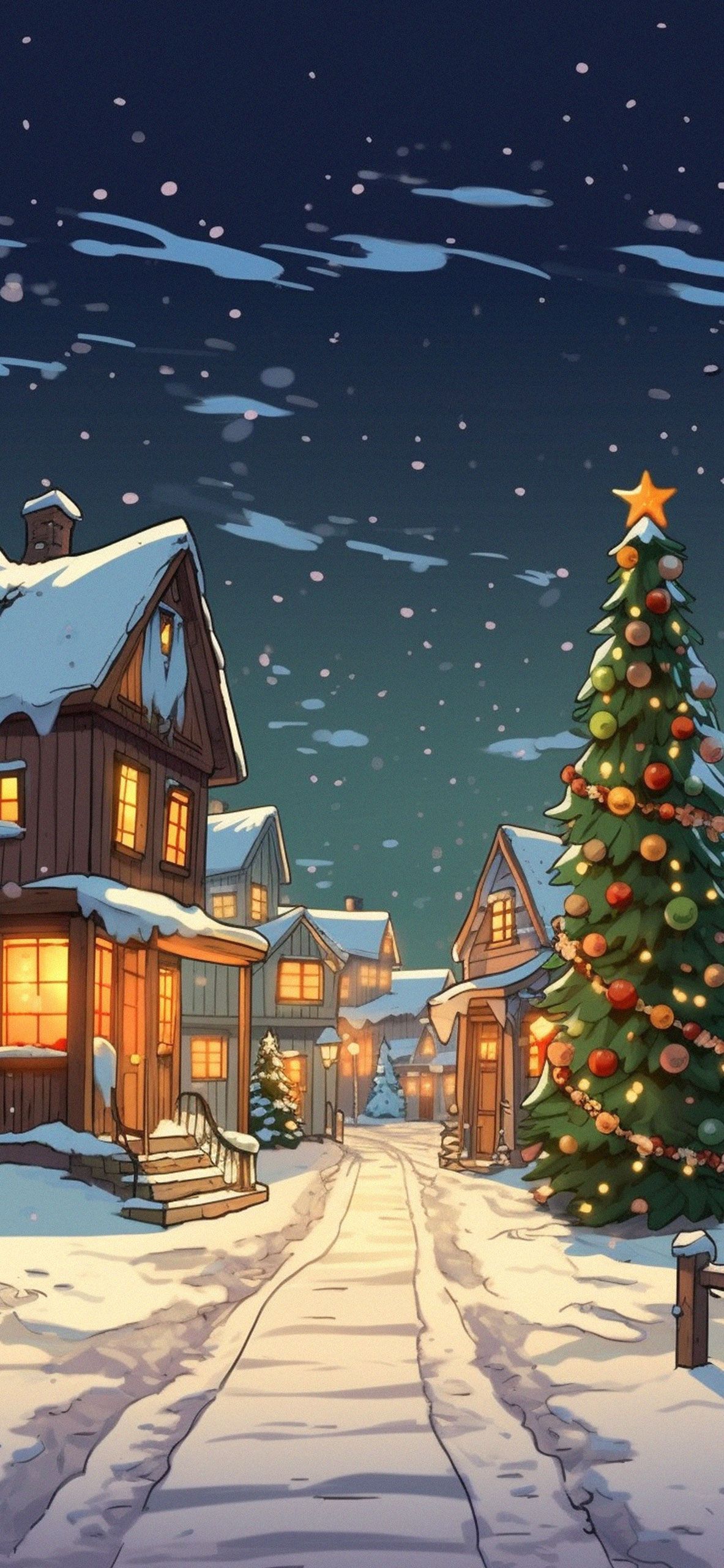 Verschneites Dorf, Weihnachtsbaum, Weg, Nacht, Illustration, Hintergrundbild fürs Handy