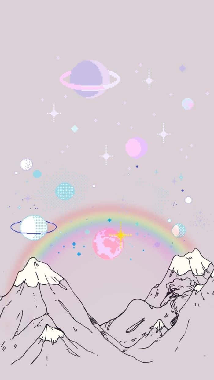 Regenbogen, Planet, Berge, Strichzeichnung, Pastellfarben, Niedlich, iPhone 17, Hintergrundbild