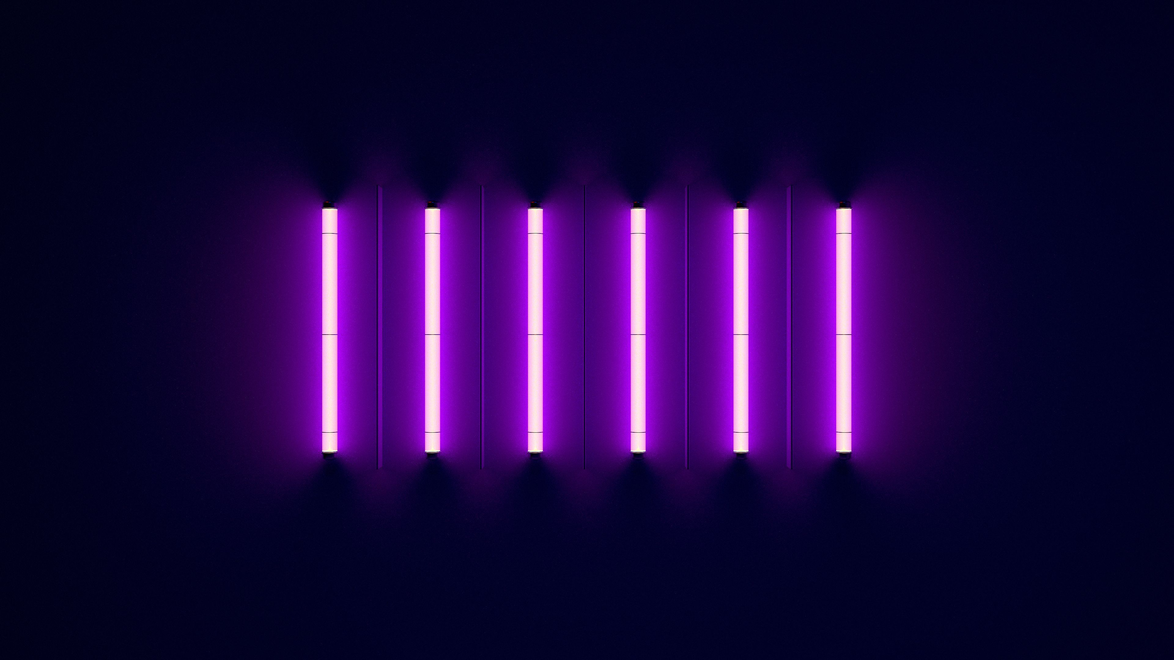 Neonröhren, Senkrechte Linien, Lila, Dunkelblau, Minimalistisch, 4K, Windows-Hintergrundbild