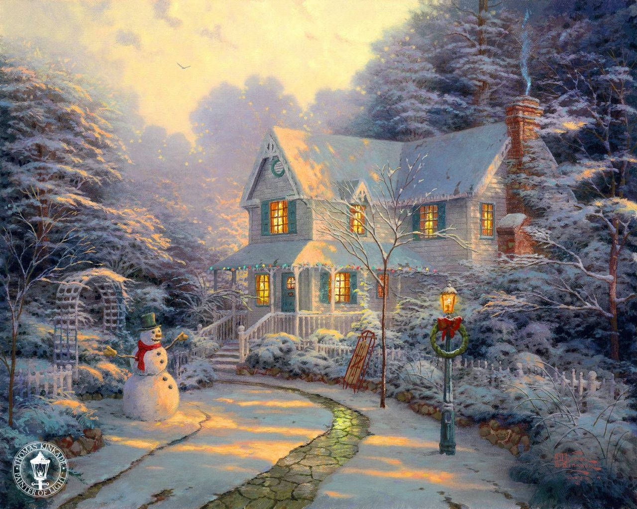 Thomas Kinkade, Verschneites Haus, Schneemann, Gemälde, Straßenlaterne, Abendlicht, HD-Hintergrundbild