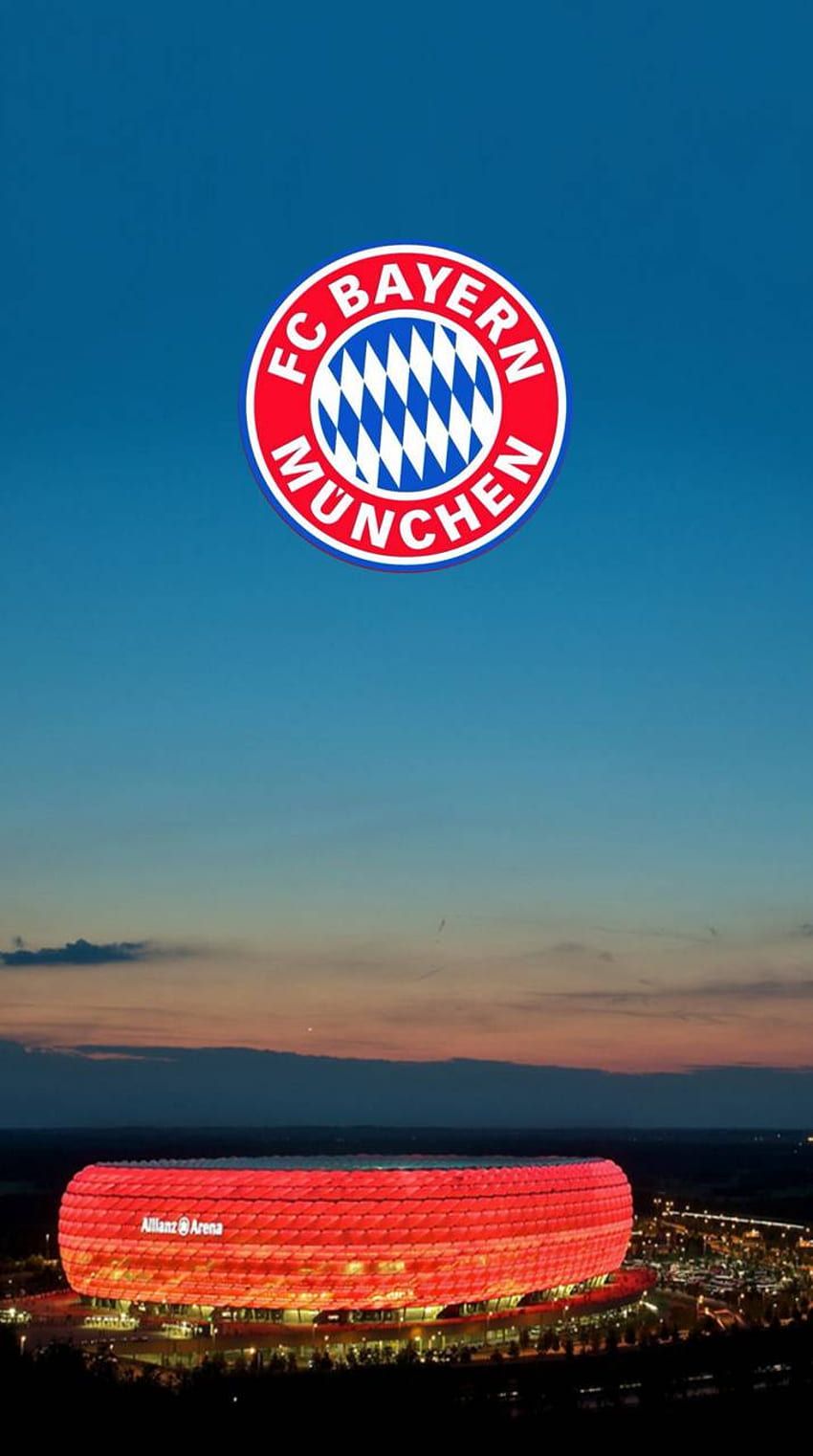 Allianz Arena, FC Bayern München, Abenddämmerung, Rote Beleuchtung, Logo, HD, iPhone-Hintergrundbild