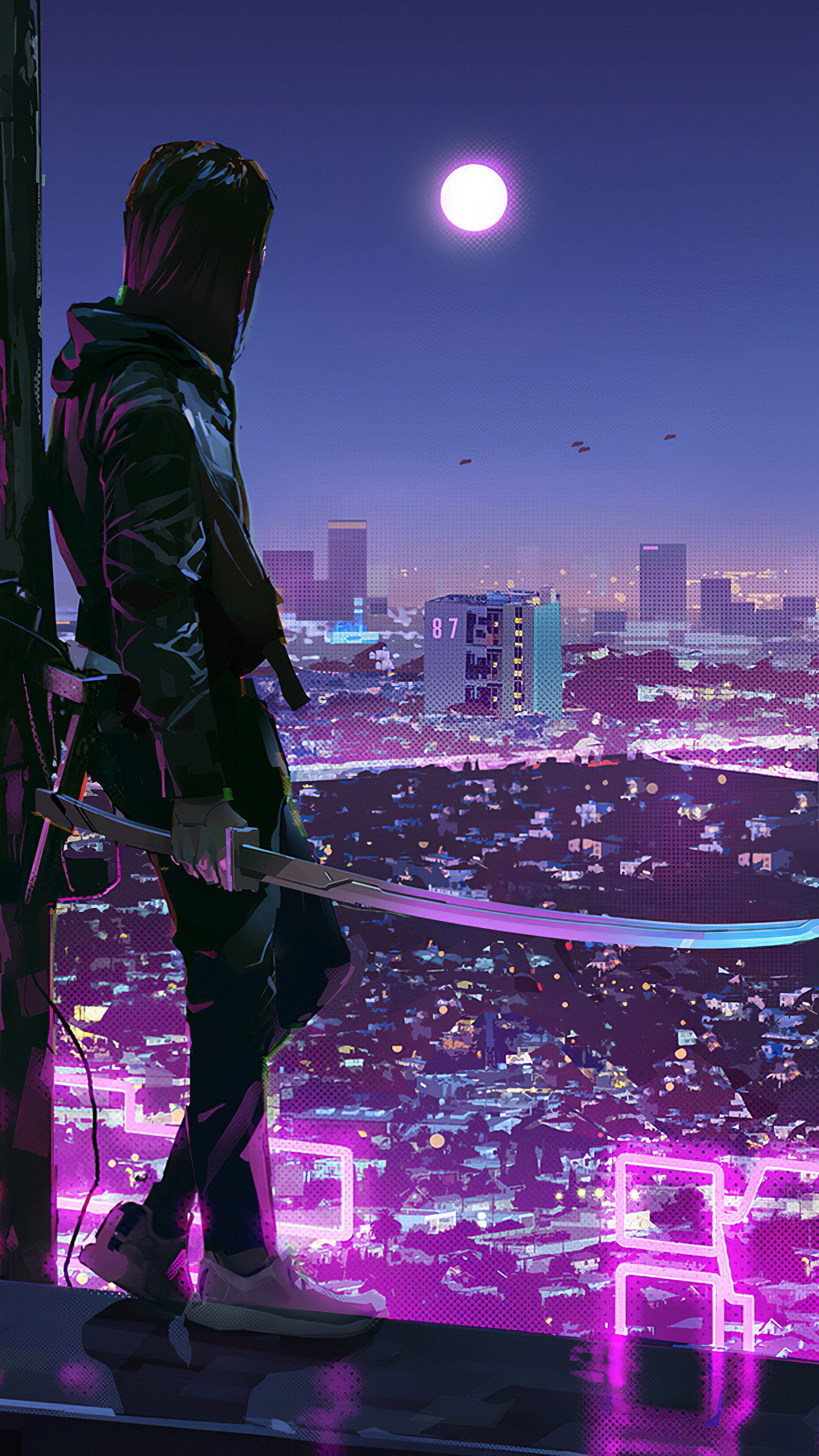 Ninja, Mond, Stadt, Nacht, Lila, Digitale Kunst, QHD+, Handy-Hintergrund im Hochformat