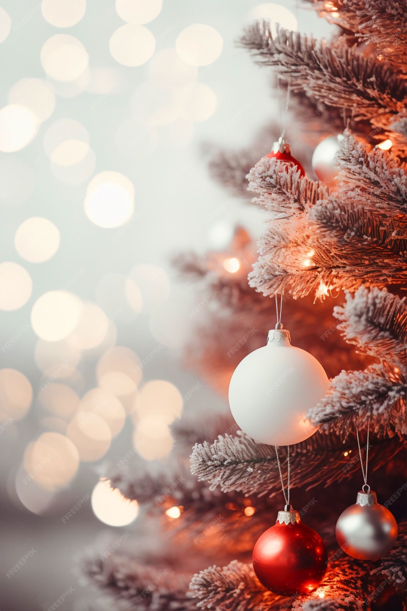 Weihnachtsbaum, Kugeln, Bokeh, Rot und Weiß, Nahaufnahme, Full HD, Handy-Hintergrund