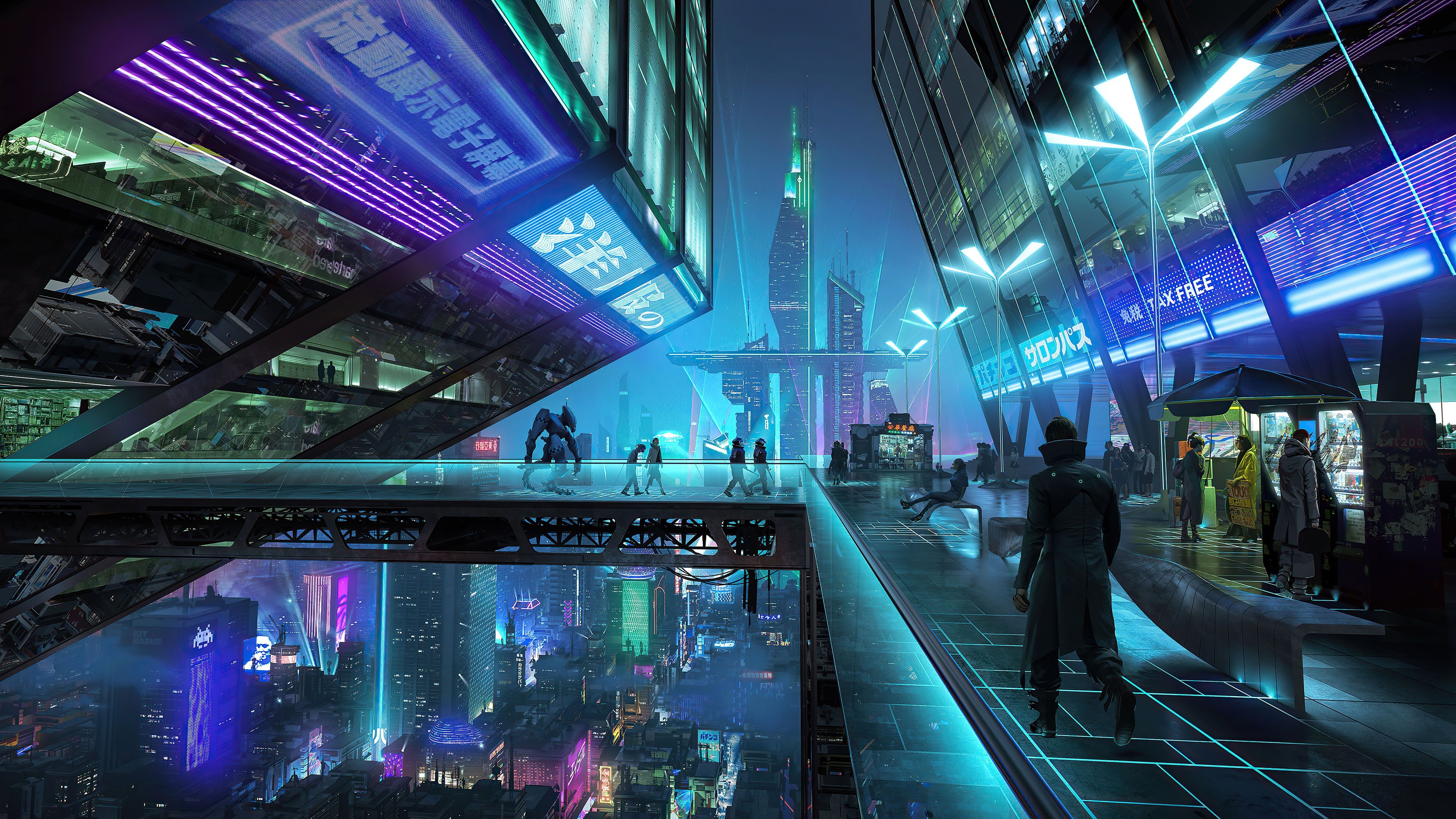 Futuristische Stadt, Cyberpunk, Brücke, Blau, Menschen, 16:9, 4K-Hintergrundbild für den Desktop