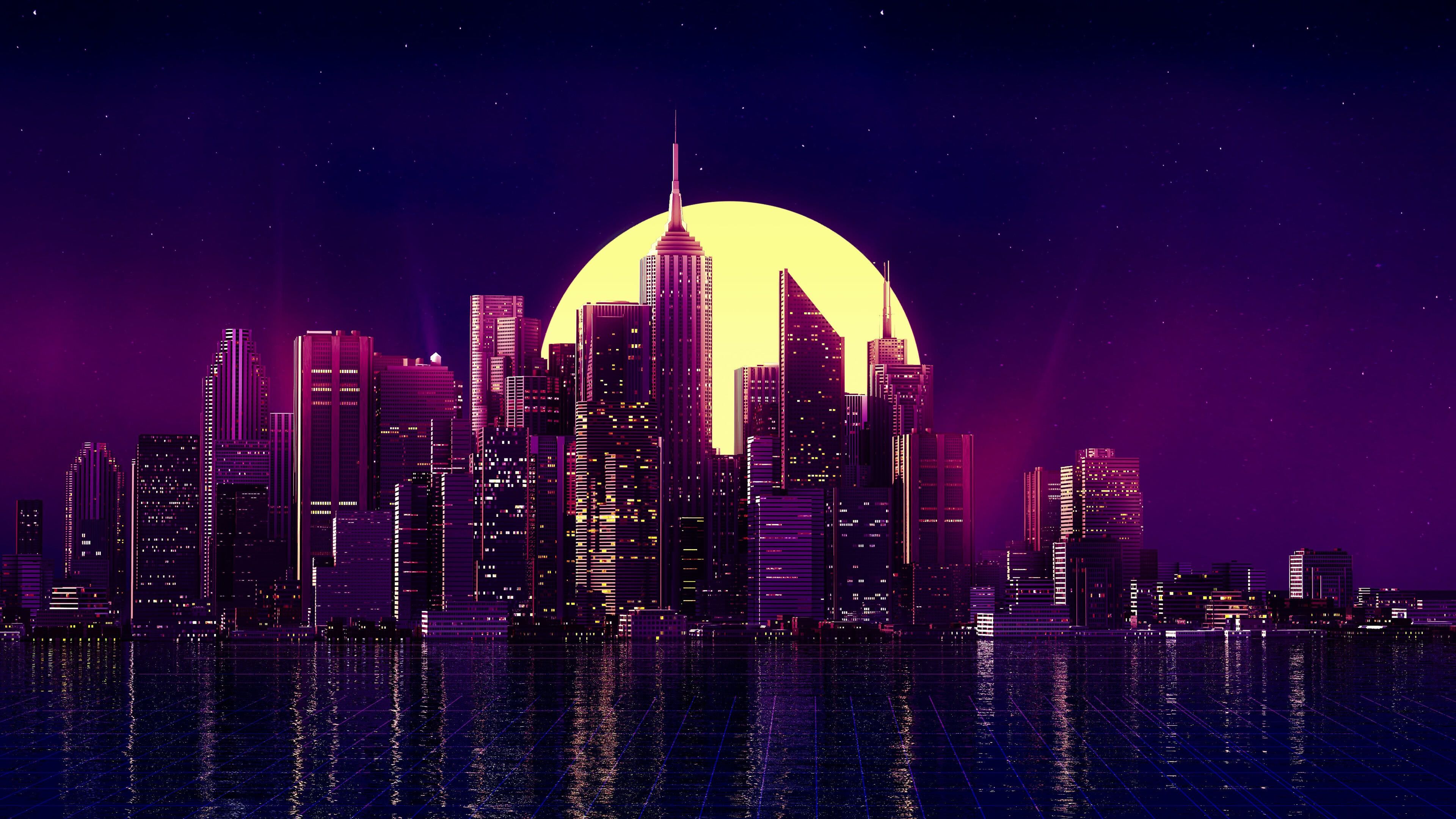 Skyline, Sonne, Wolkenkratzer, Retrowave, Lila, Spiegelung, 4K, PC-Hintergrundbild