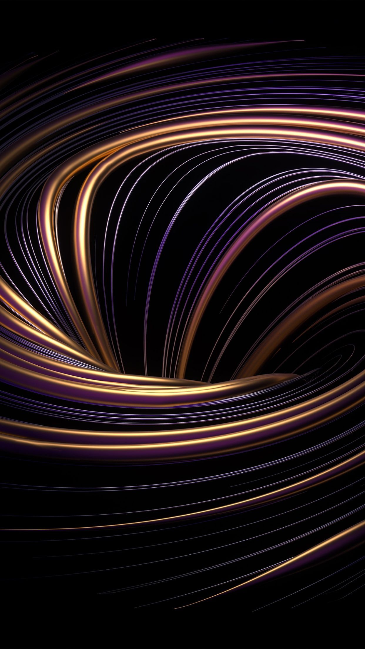 Lichtspuren, Abstrakt, Spirale, Schwarzer Hintergrund, Gold, iPhone-17-Wallpaper
