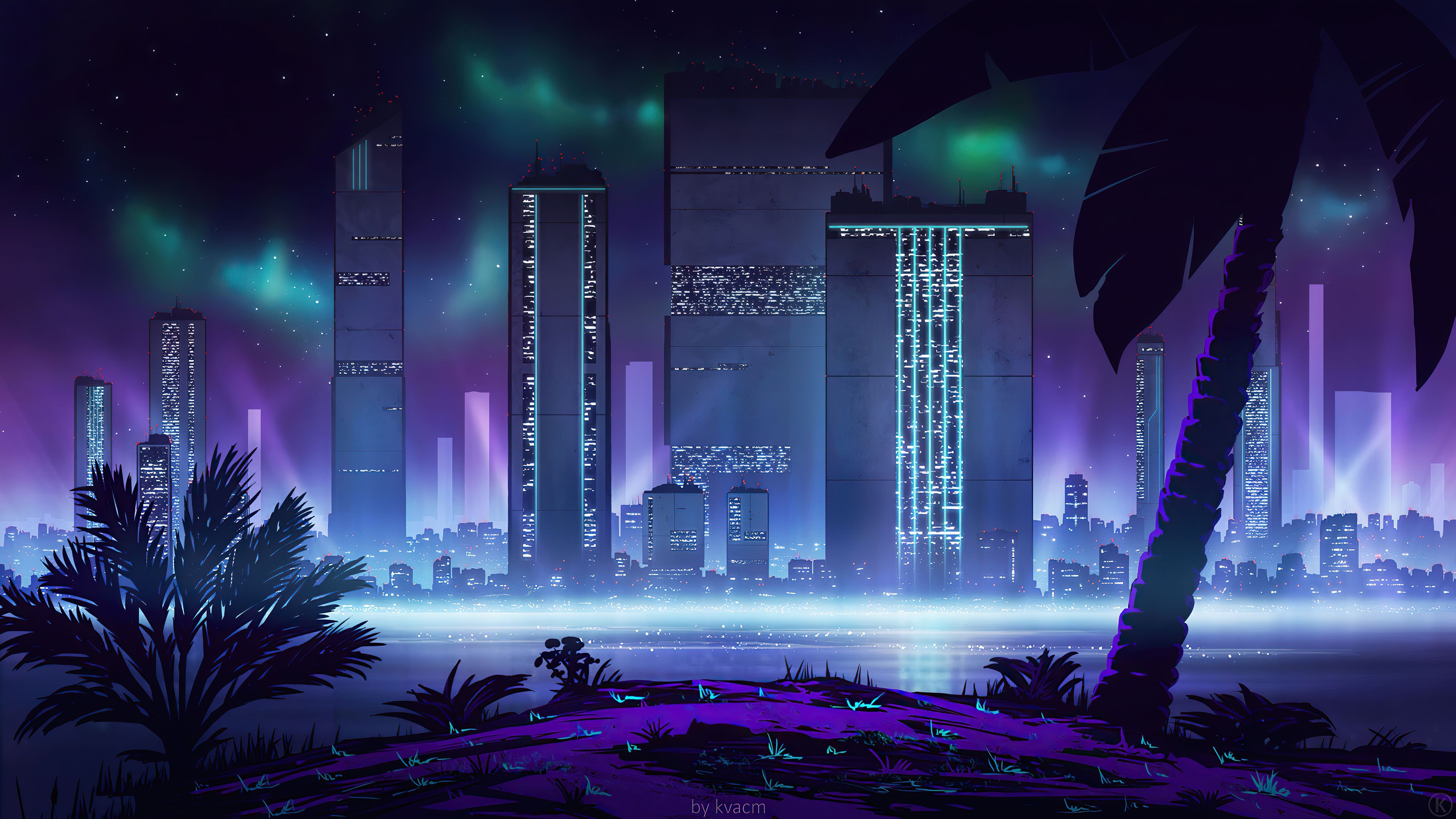 Futuristische Stadt, Palmen, Polarlicht, Lila, Nacht, 4K 2160p, Desktop-Hintergrundbild