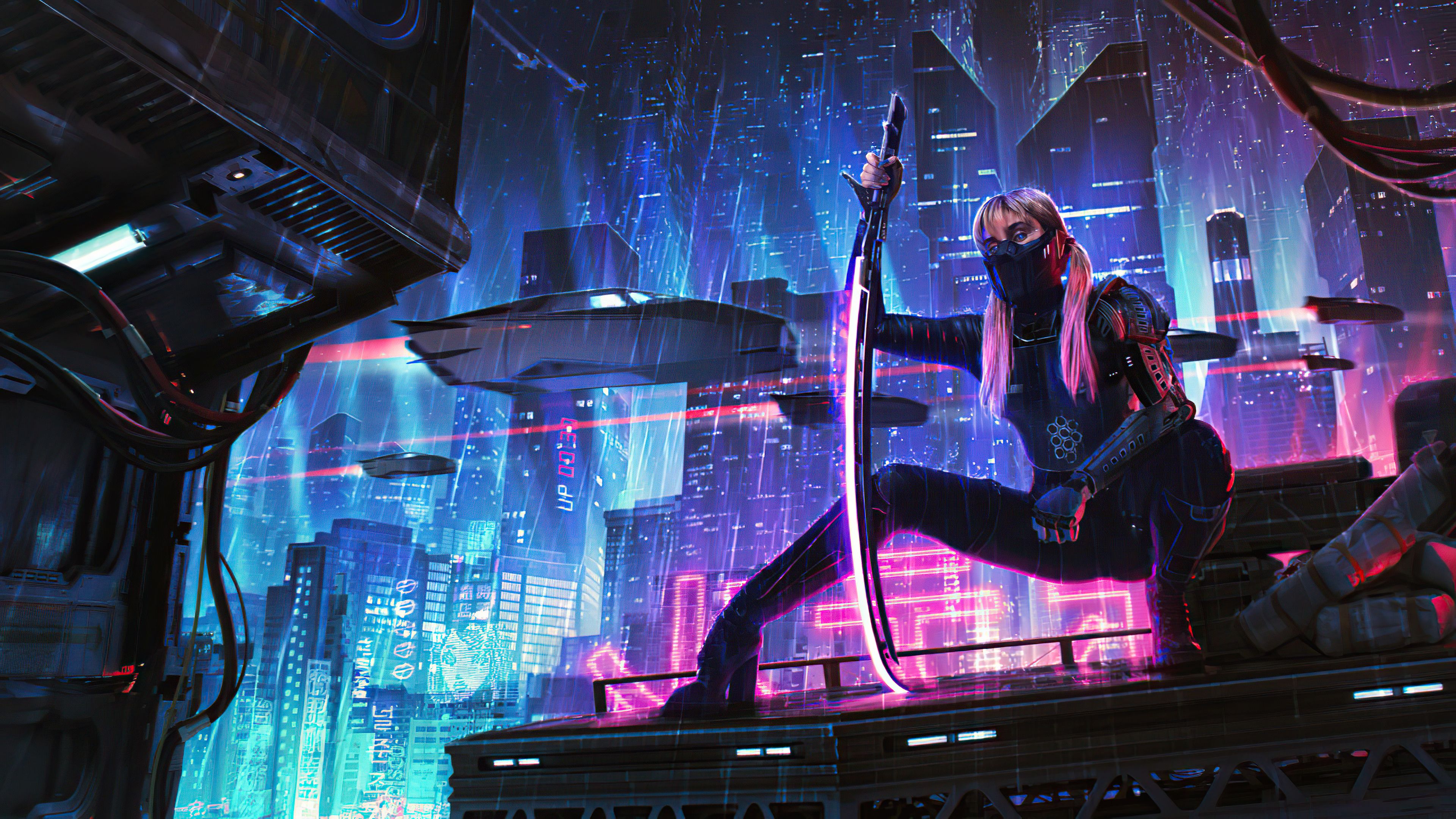 Kriegerin, Katana, Cyberpunk, Stadt, Blau, 4K, Desktop-Hintergrund für Windows