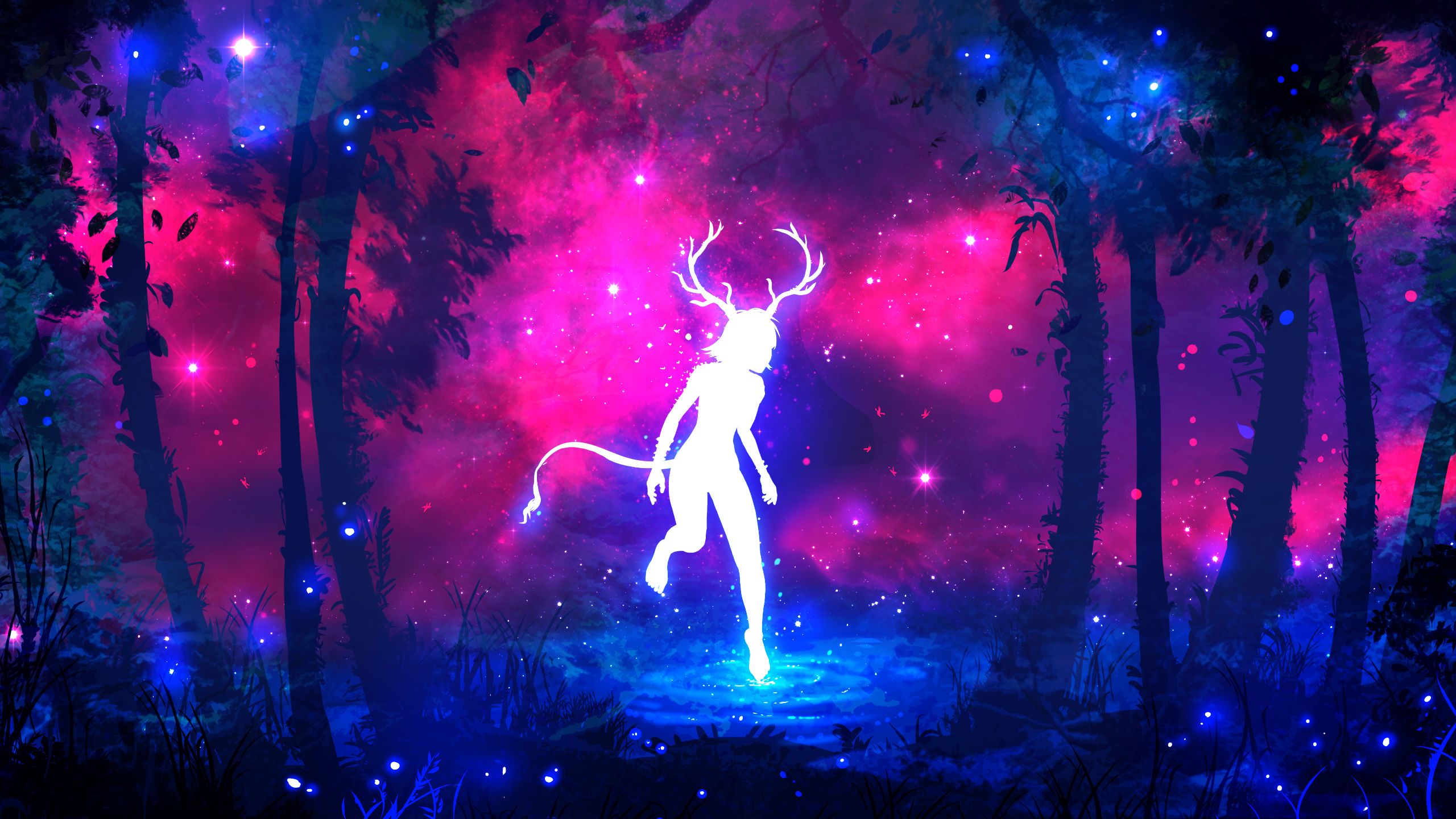 Leuchtender Hirsch, Geist, Wald, Pink, Nacht, Fantasy, 2560x1440, 2K-Hintergrundbild für PC
