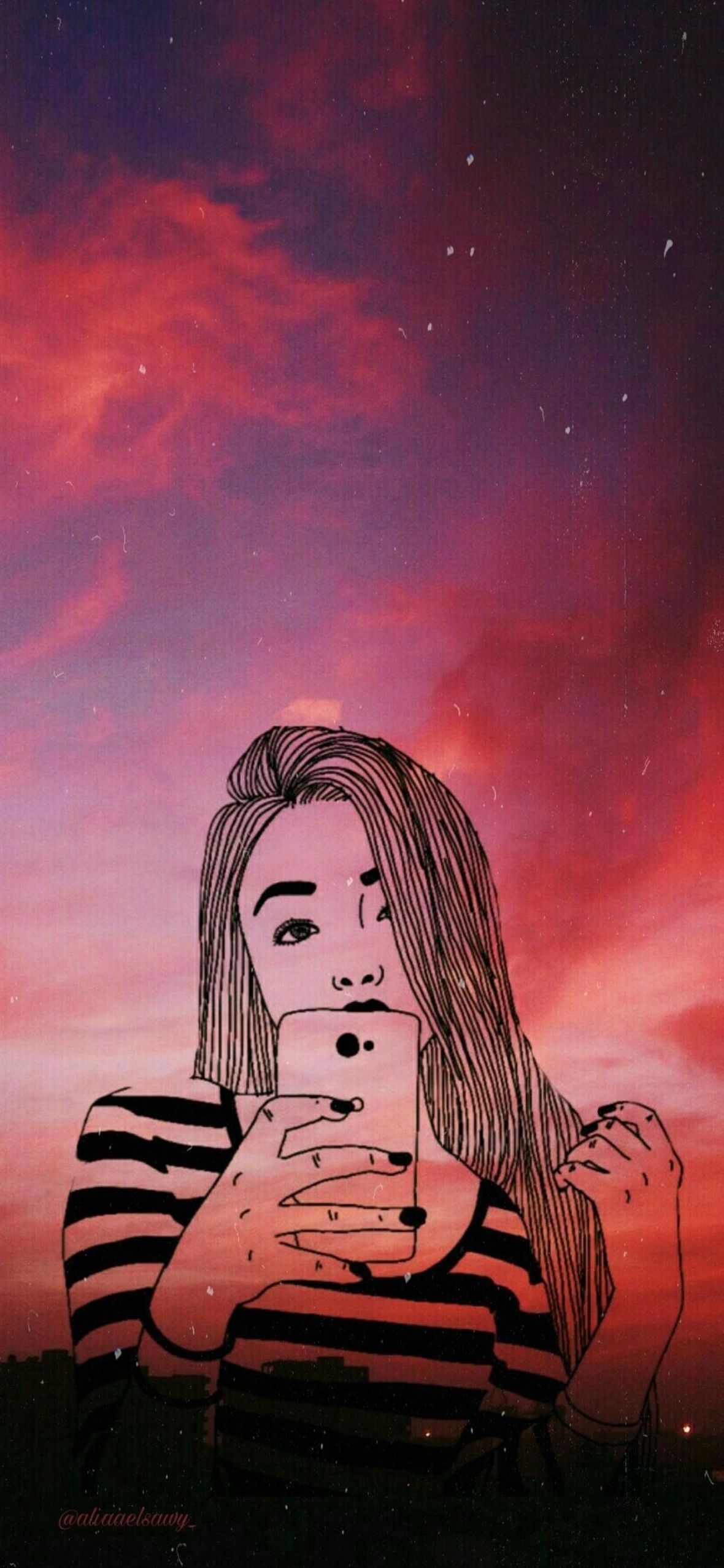 Mädchen, Selfie, Abendhimmel, Roter Himmel, Illustration, iPhone 17, Hintergrundbild