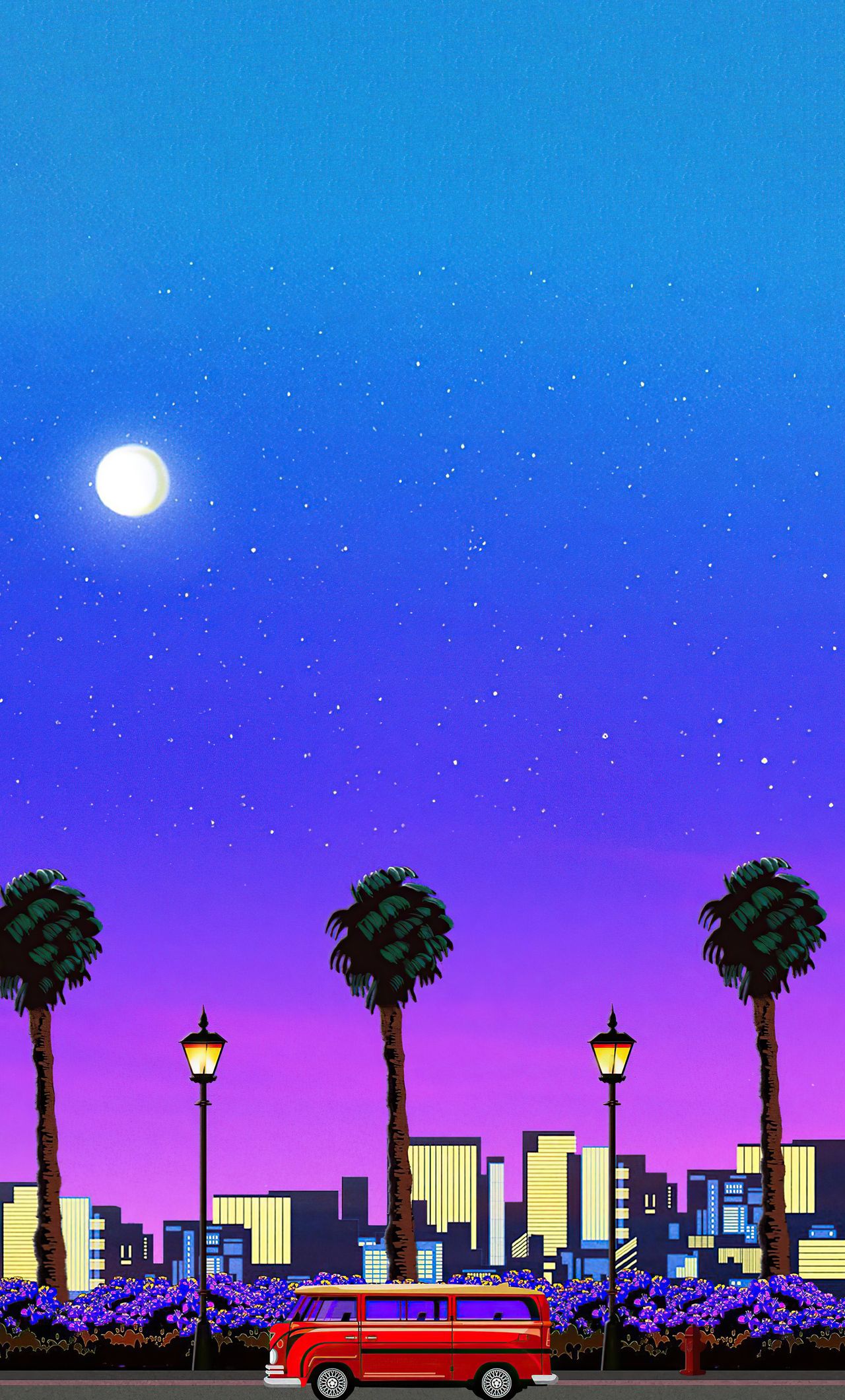 Palmen, Mond, Bus, Pixel Art, Lila, Nacht, Hintergrundbild fürs iPhone