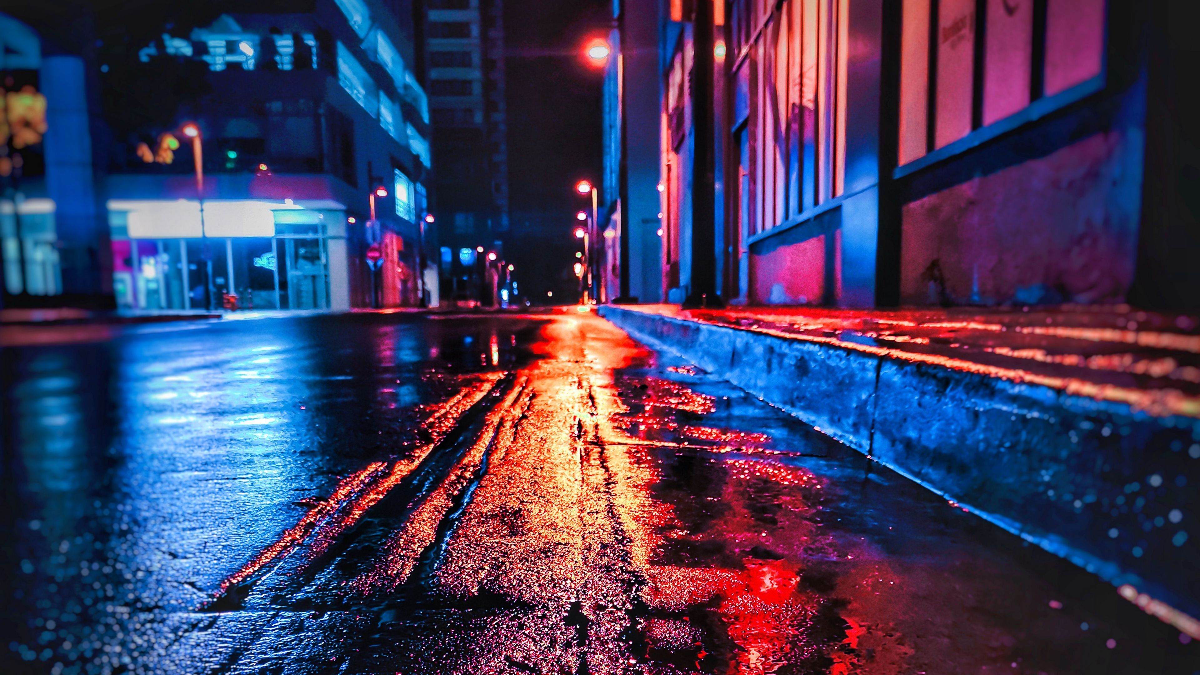 Straße, Nacht, Regen, Spiegelung, Rot, Blau, 4K, Hintergrundbild für den PC